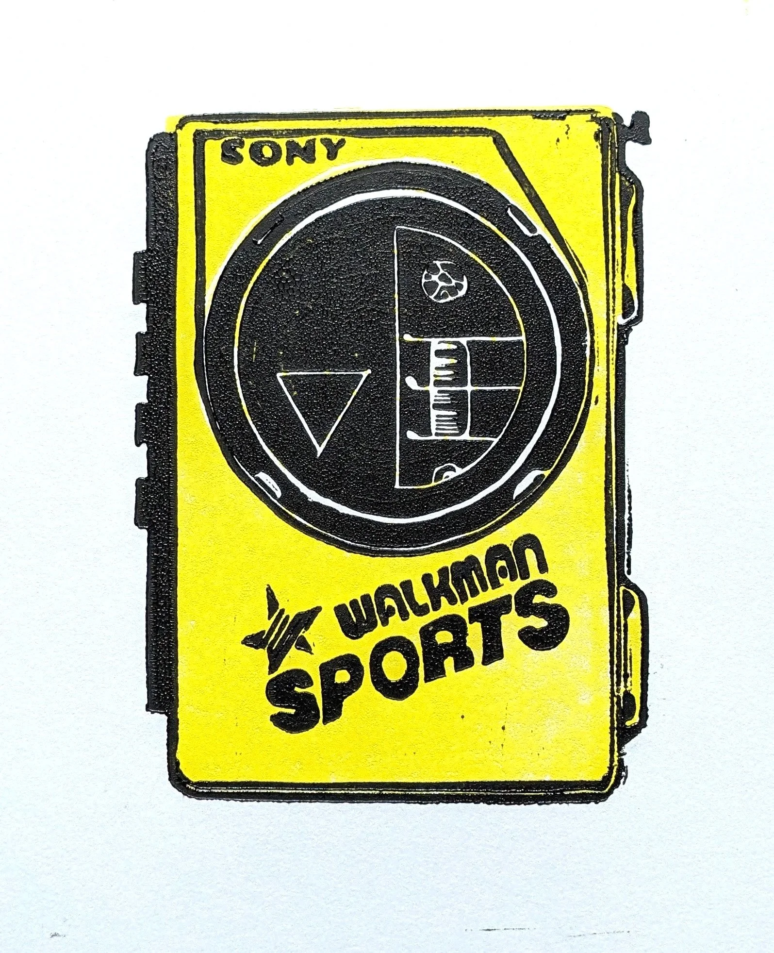 "Walkman Sports", linocut block print, 5" x 7", September 2025