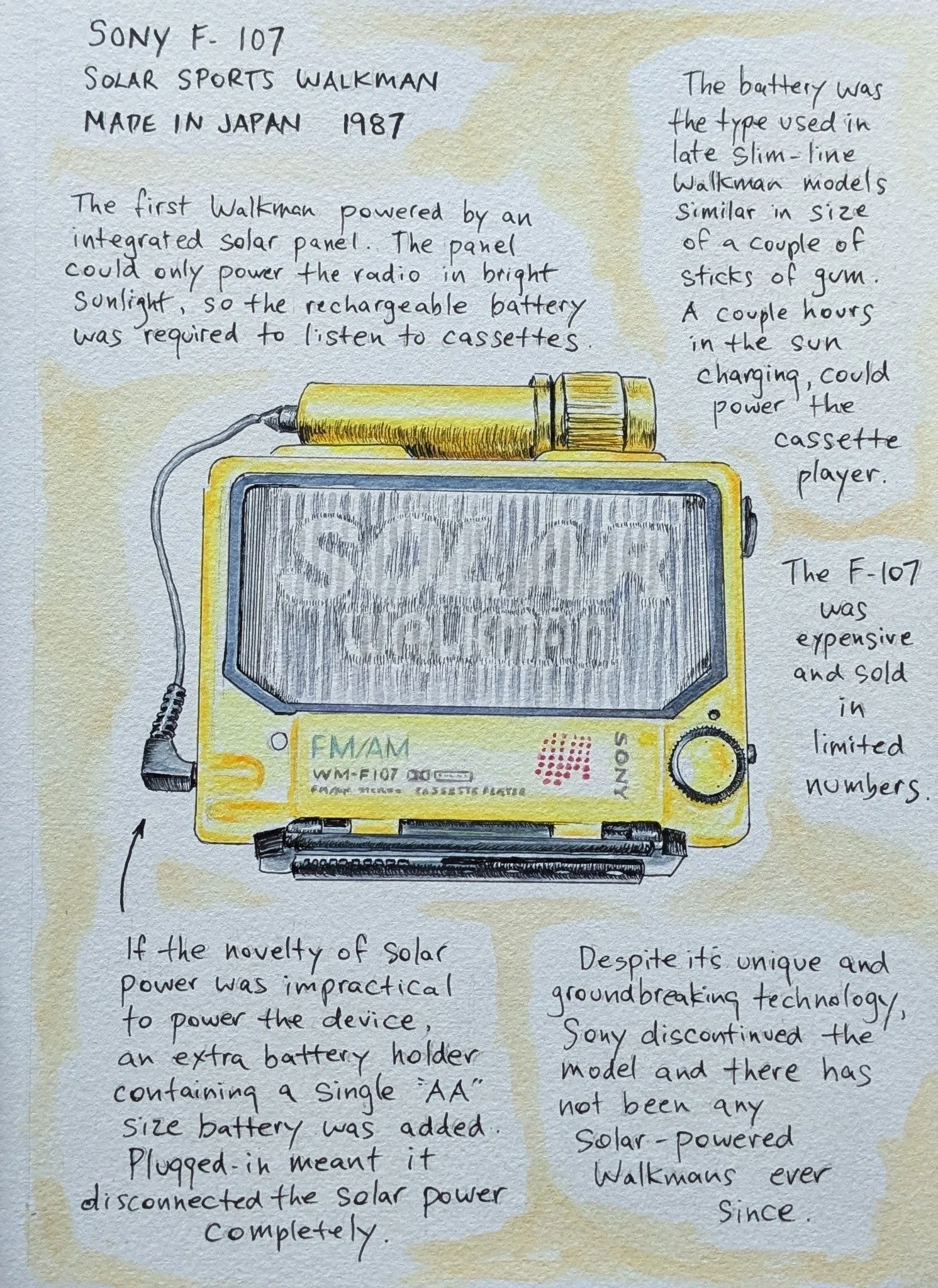 "Sony F-107 Solar Sports Walkman", pen & watercolour, 7" x 10", February 2025