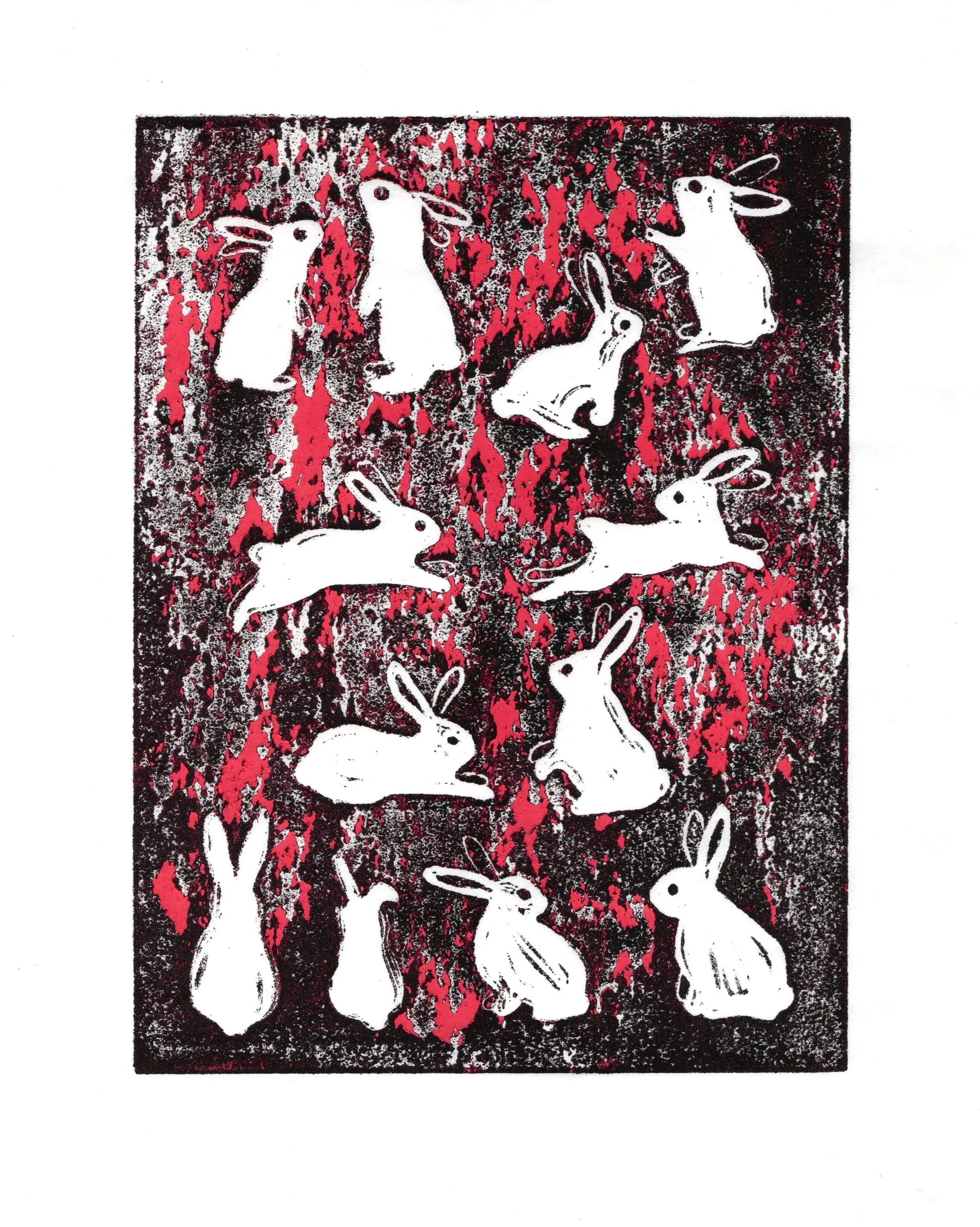 "Random Rabbits" (Rabbits in Hell) linocut print, 6" x 8" (image), December 2025