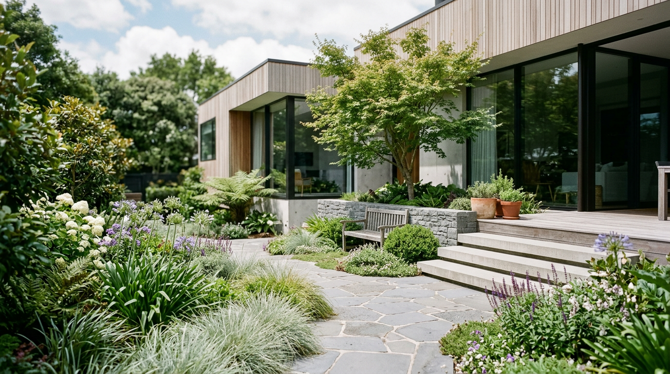 Modern house with large glass sliding doors, surrounded by lush garden with various plants and flowers, stone pathway, and a wooden bench.