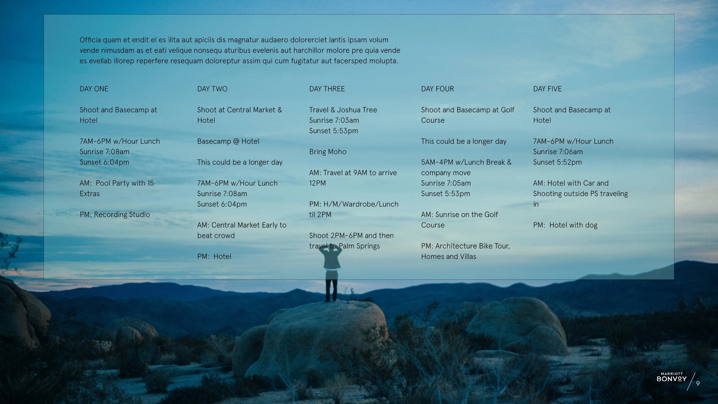 Five day schedule. A man stands on a large rock looking at the evening dusky sky.