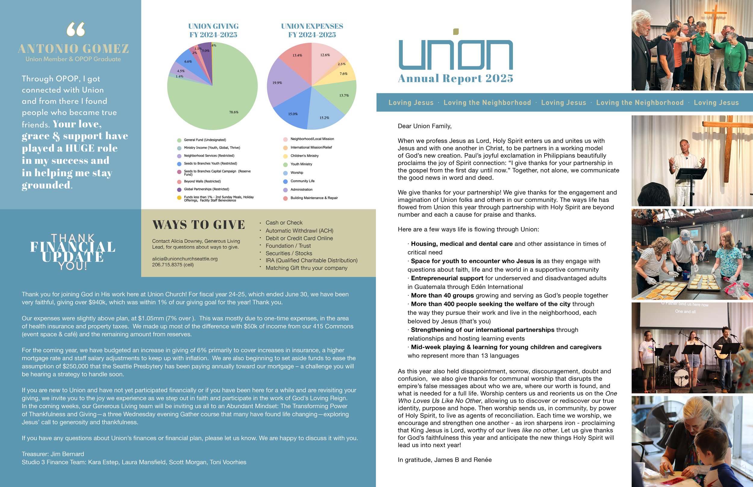 The front and back page of an annual report, with a letter and imagery.