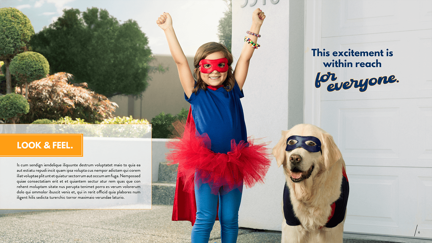 Proposal page on Look & Feel. Girl and dog dressed as superhero, hands raised high.