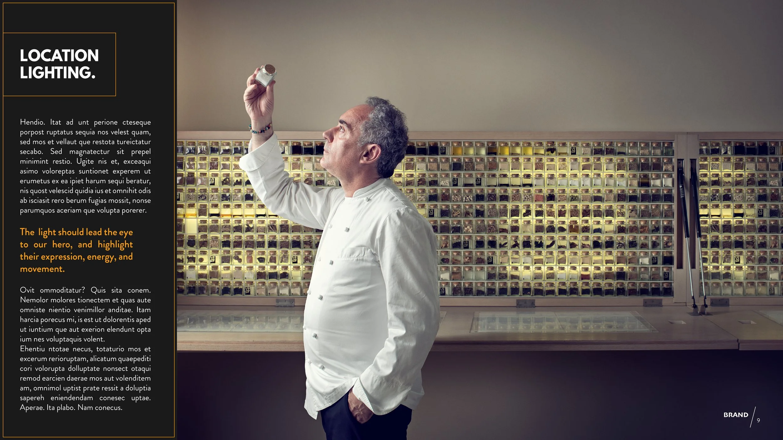Proposal slide for location lighting. A man in a chef's coat is holding a jar of spices up to the light with a wall of spices behind him.