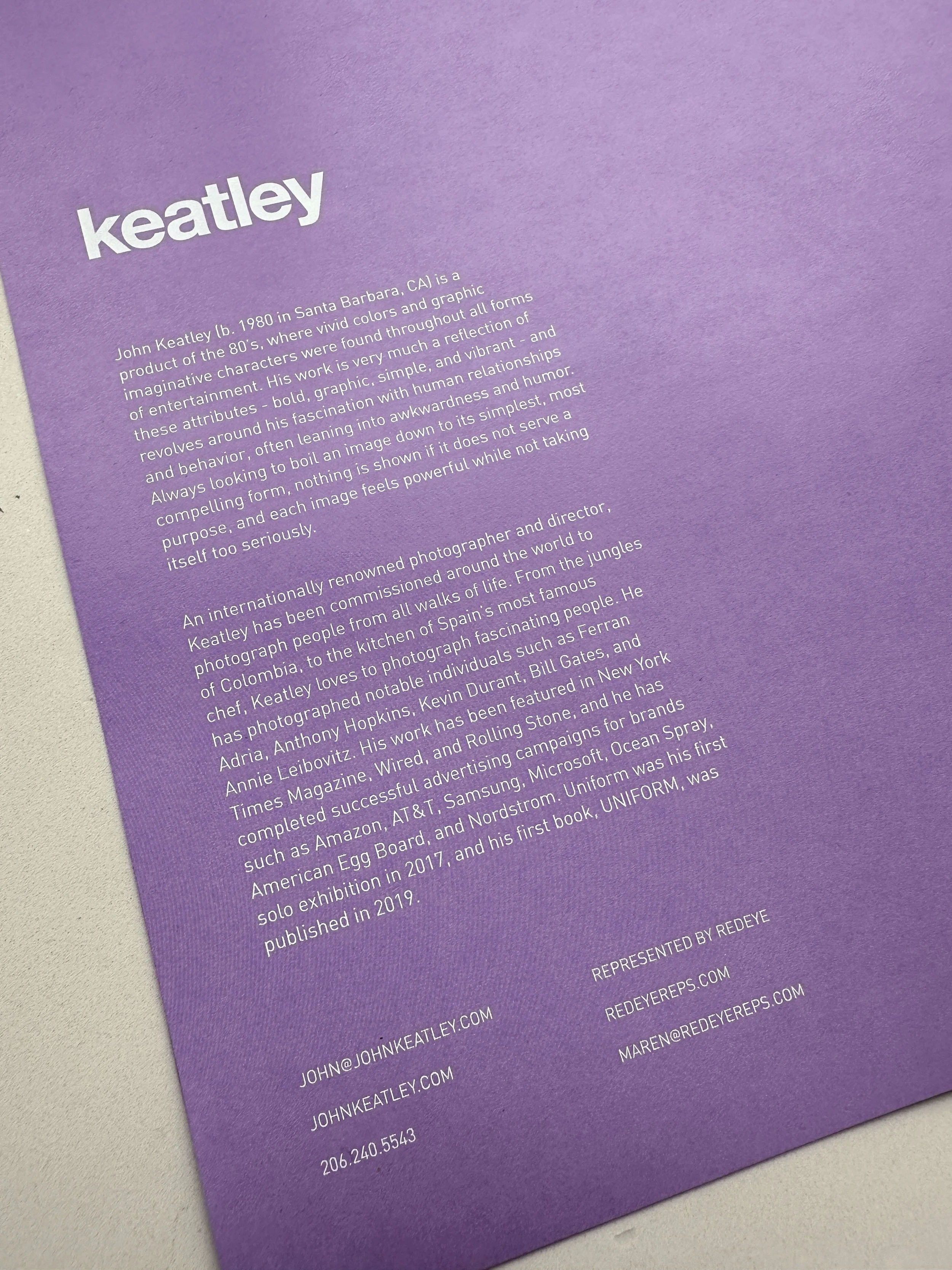 Back side of magazine-style printed promo, designed by Nichelle Keatley for photographer John Keatley.