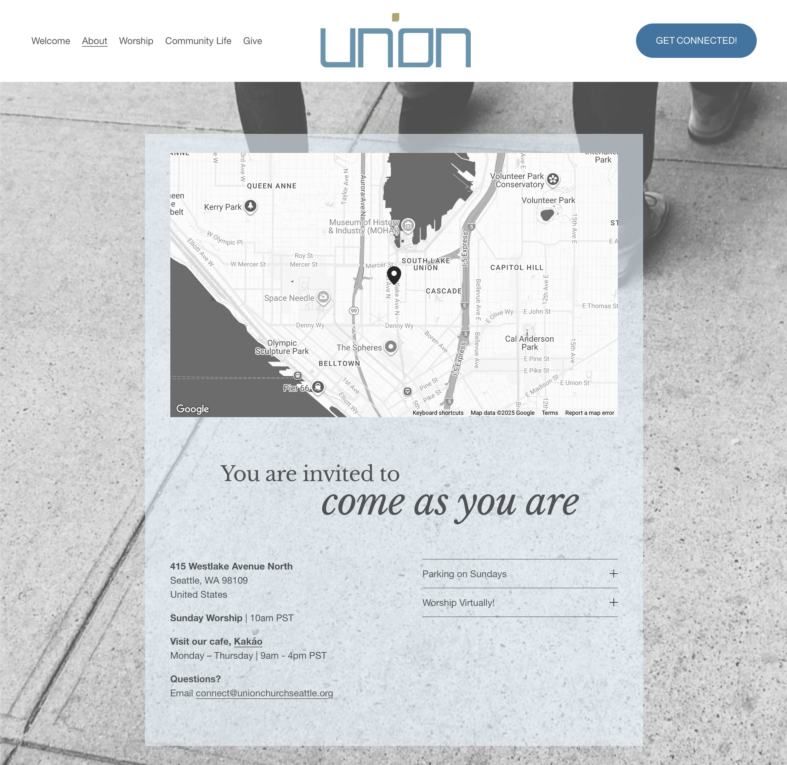 The location page for the church's website shows two people walking through a city street. There is a map of the church's location and it says "You are invited to come as you are"