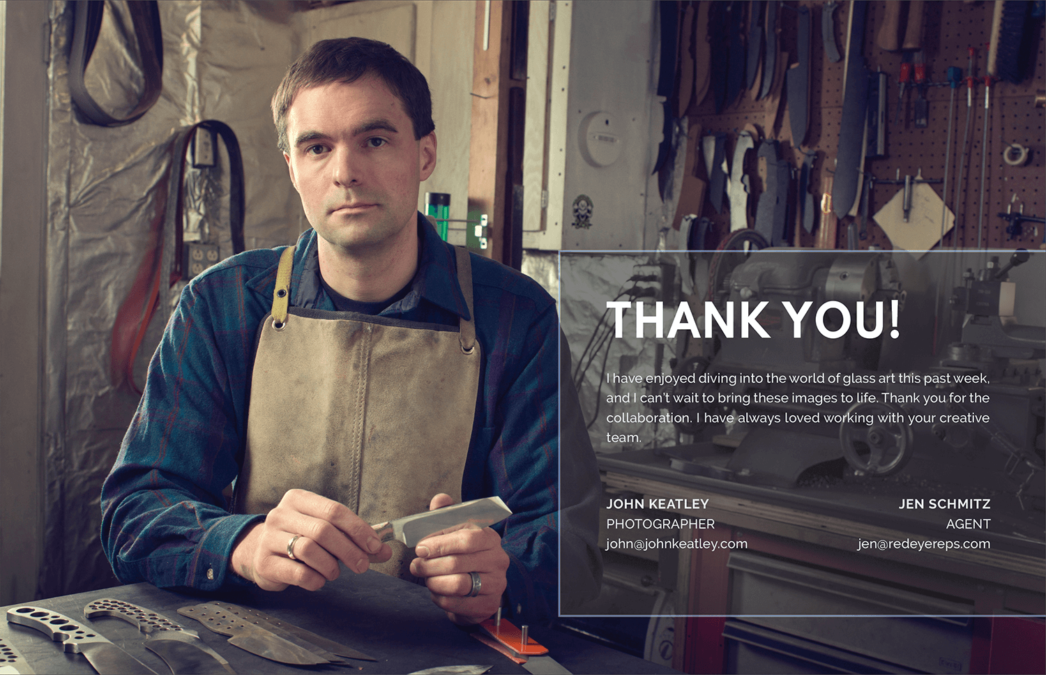 Thank you page of proposal. Shows a tradesman holding a knife in a workshop.