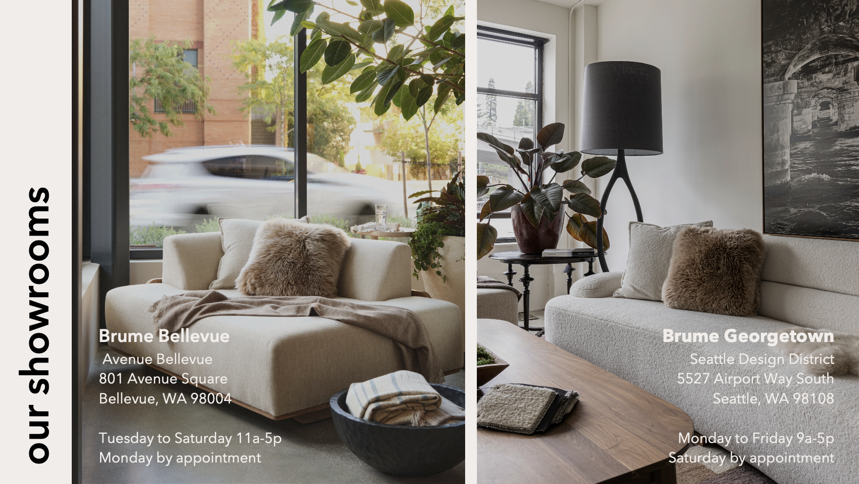 Two furniture showrooms with beautiful furnishings.