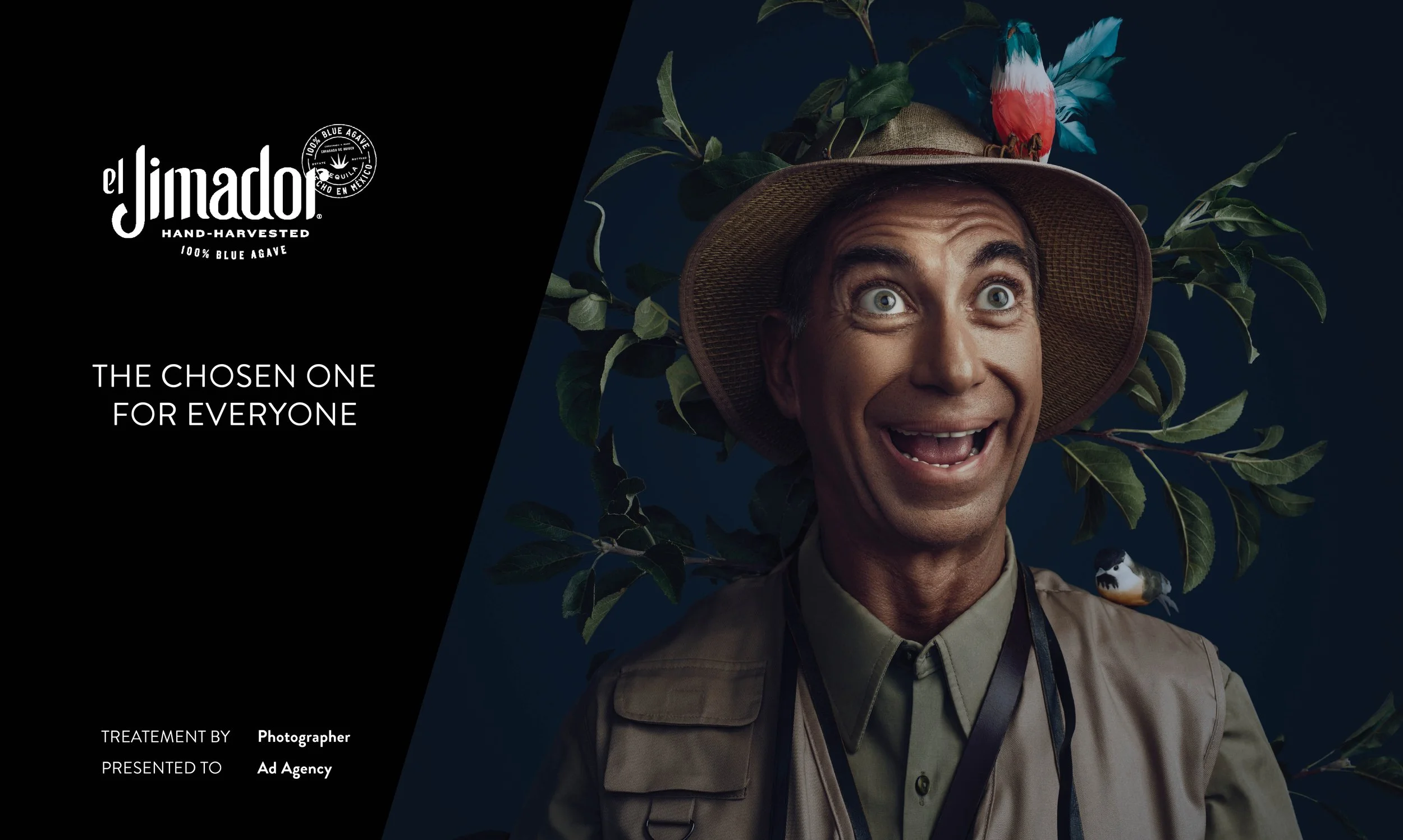 Opening page of a proposal for El Jimador. Portrait of a birder with big smiling eyes, branches coming out of his hat with a bird on his head and shoulder.