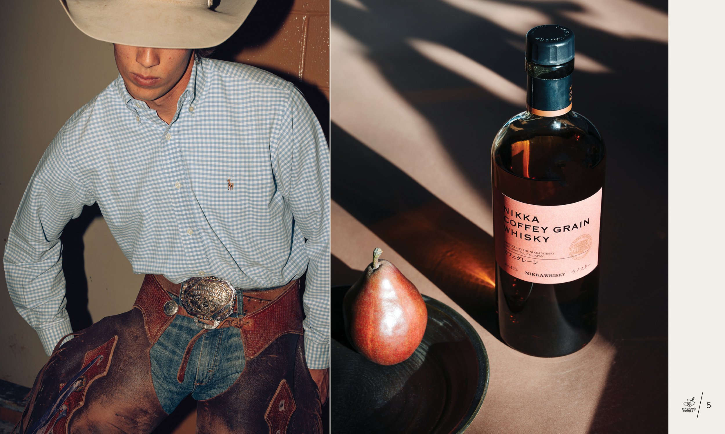 A split screen with the left a portrait of a cowboy with his eyes shaded by his hat, and the right screen shows a shadowy image of a bottle of whiskey and a pear.
