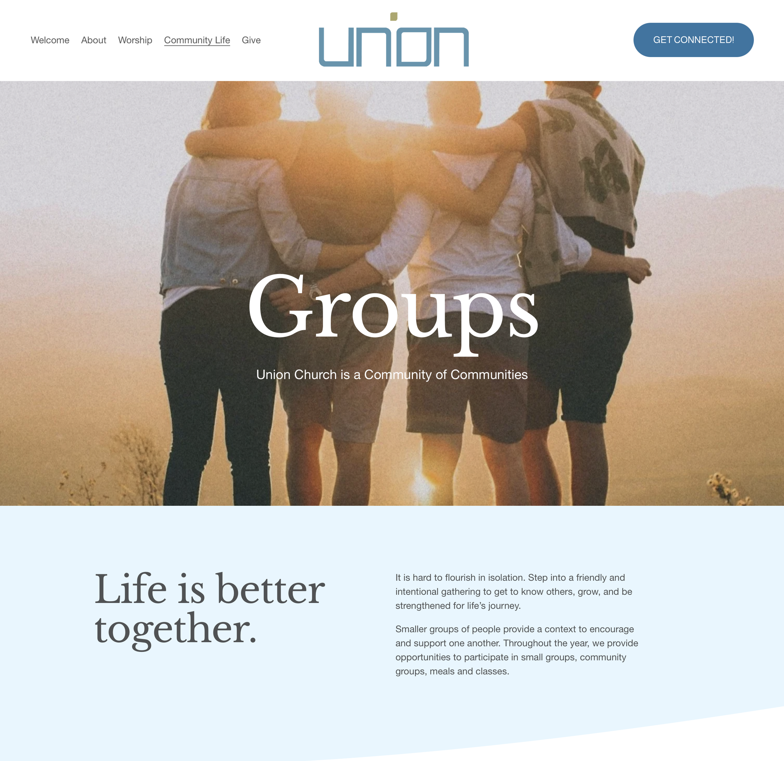 Opener of "Groups" webpage shows four people facing a sunset with their arms around each other. "GROUPS: Union Church is a Community of Communities" is written over the image.