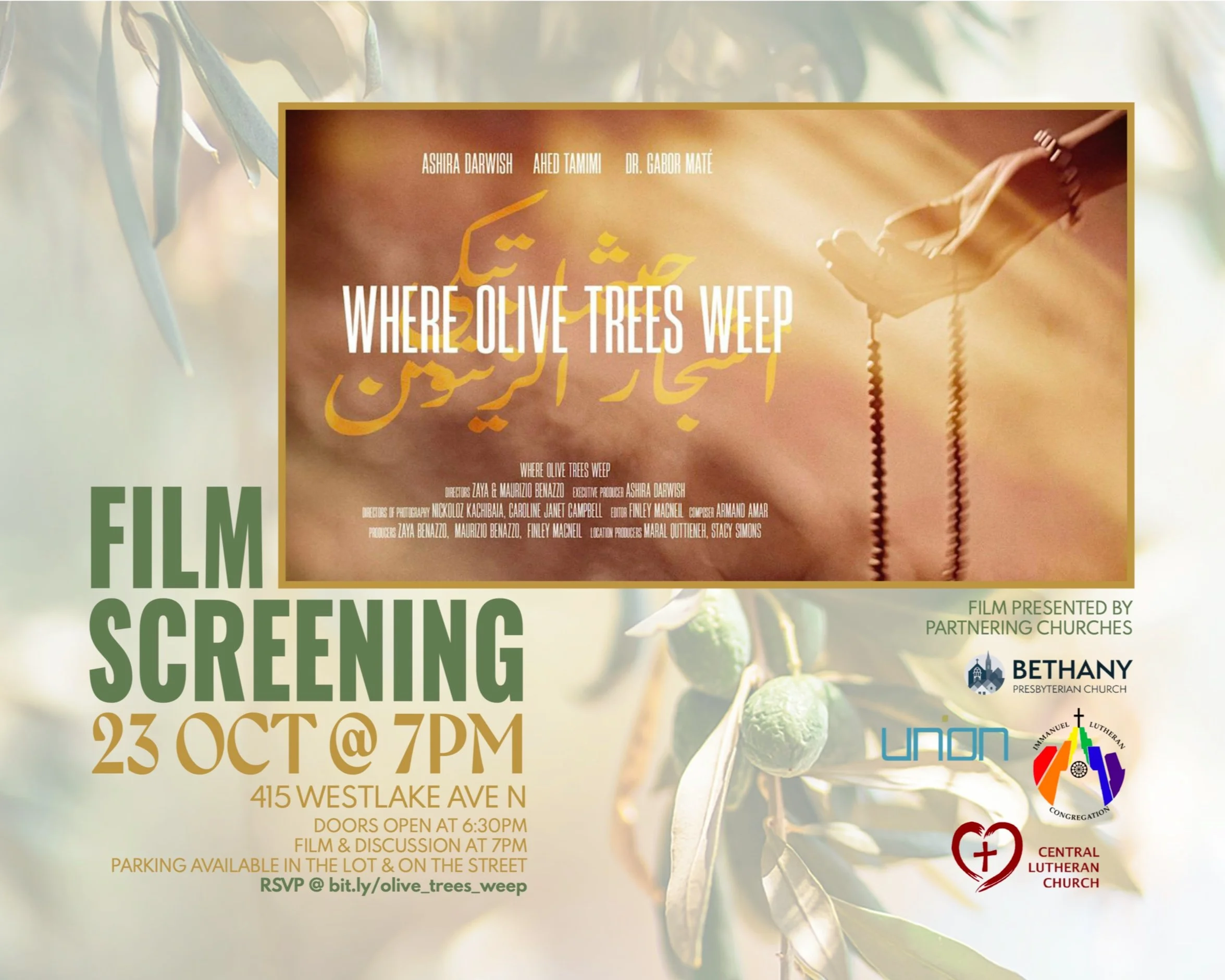 Poster for a film screening of the movie "Where Olive Trees Weep"