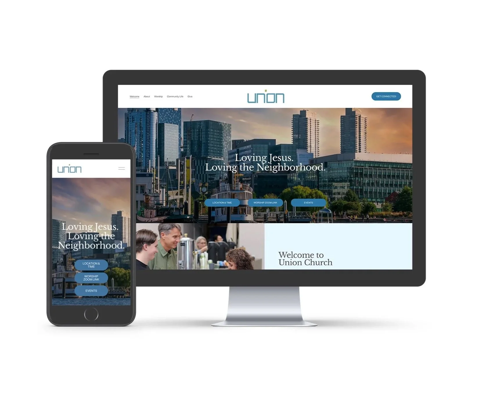 Landing page for a church called "Union". Soft beautiful skyline image at sunset with the phrase "Loving Jesus. Love the Neighborhood."