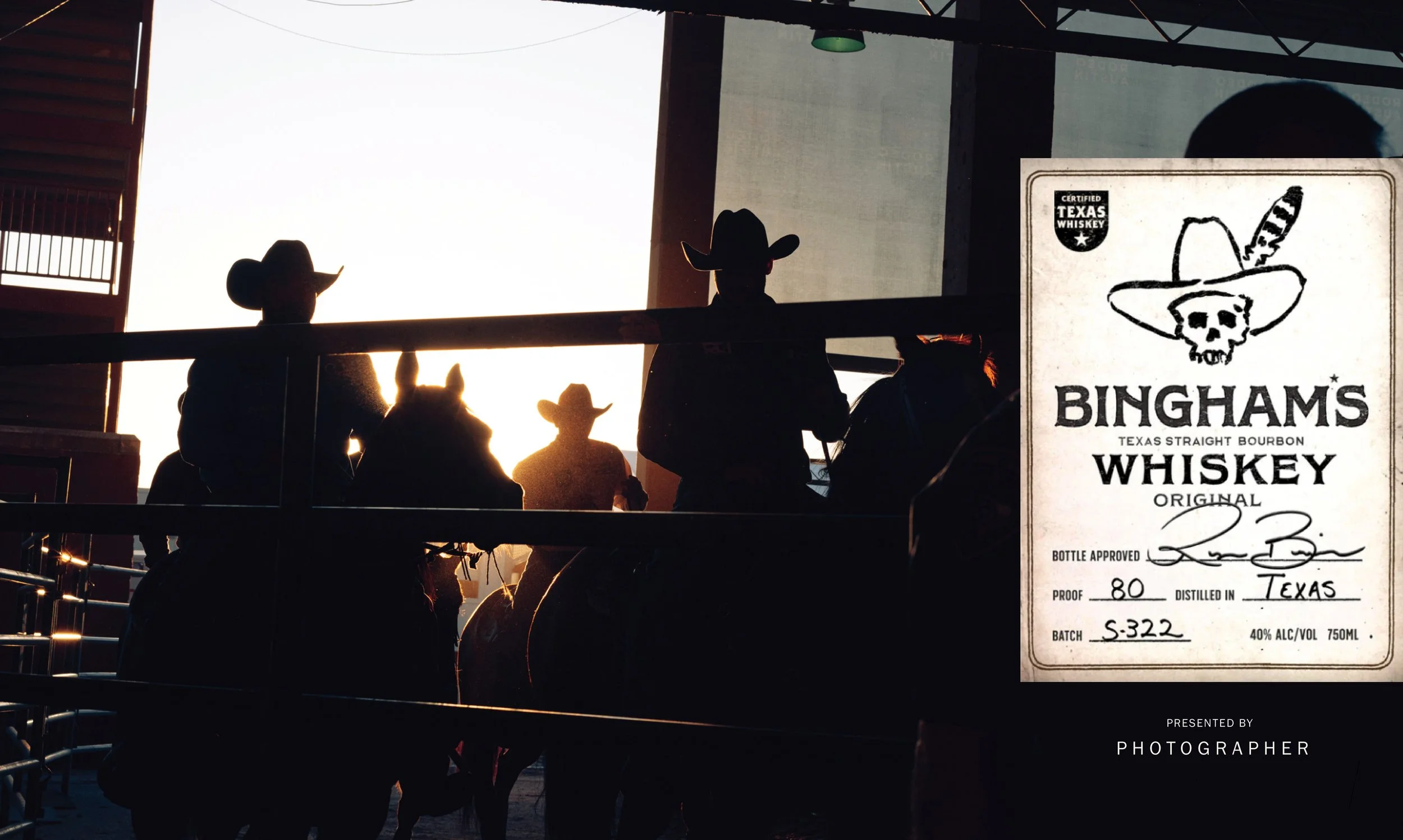 Opening page to a proposal for Bingham's Whiskey. Silhouettes of cowboys seen entering into the barn with the sun rising behind them.