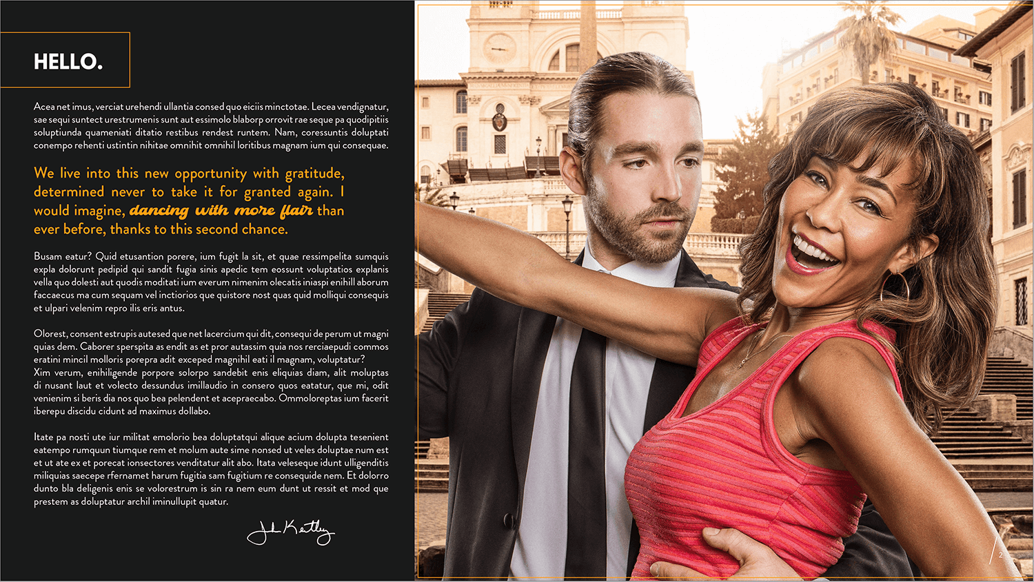 Intro page for proposal. Man and woman dancing, woman with a big smile.