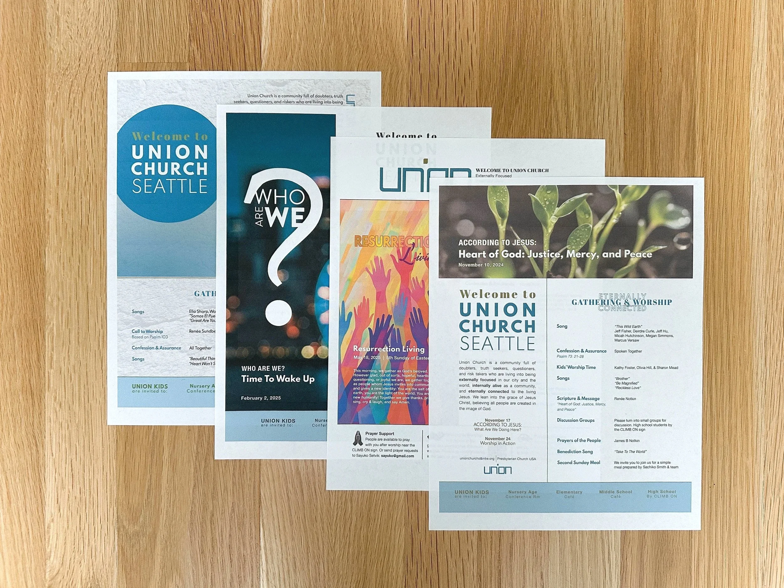 Collection of church flyers and program handouts on a wooden surface, promoting Union Church in Seattle, with topics including worship, resurrection living, and community events.