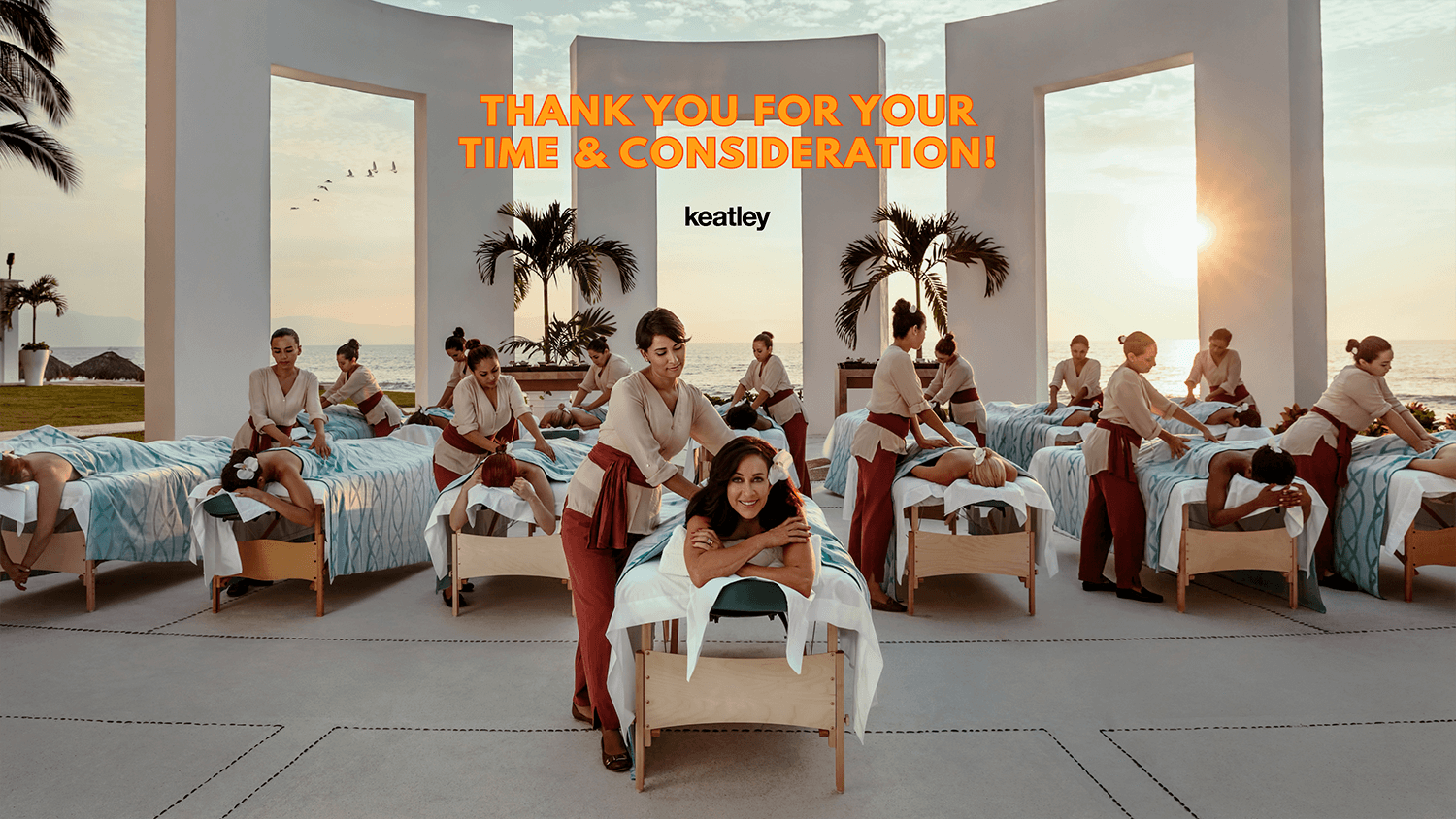 Thank you page of proposal. Large group of women receiving massages with the beach in the background.