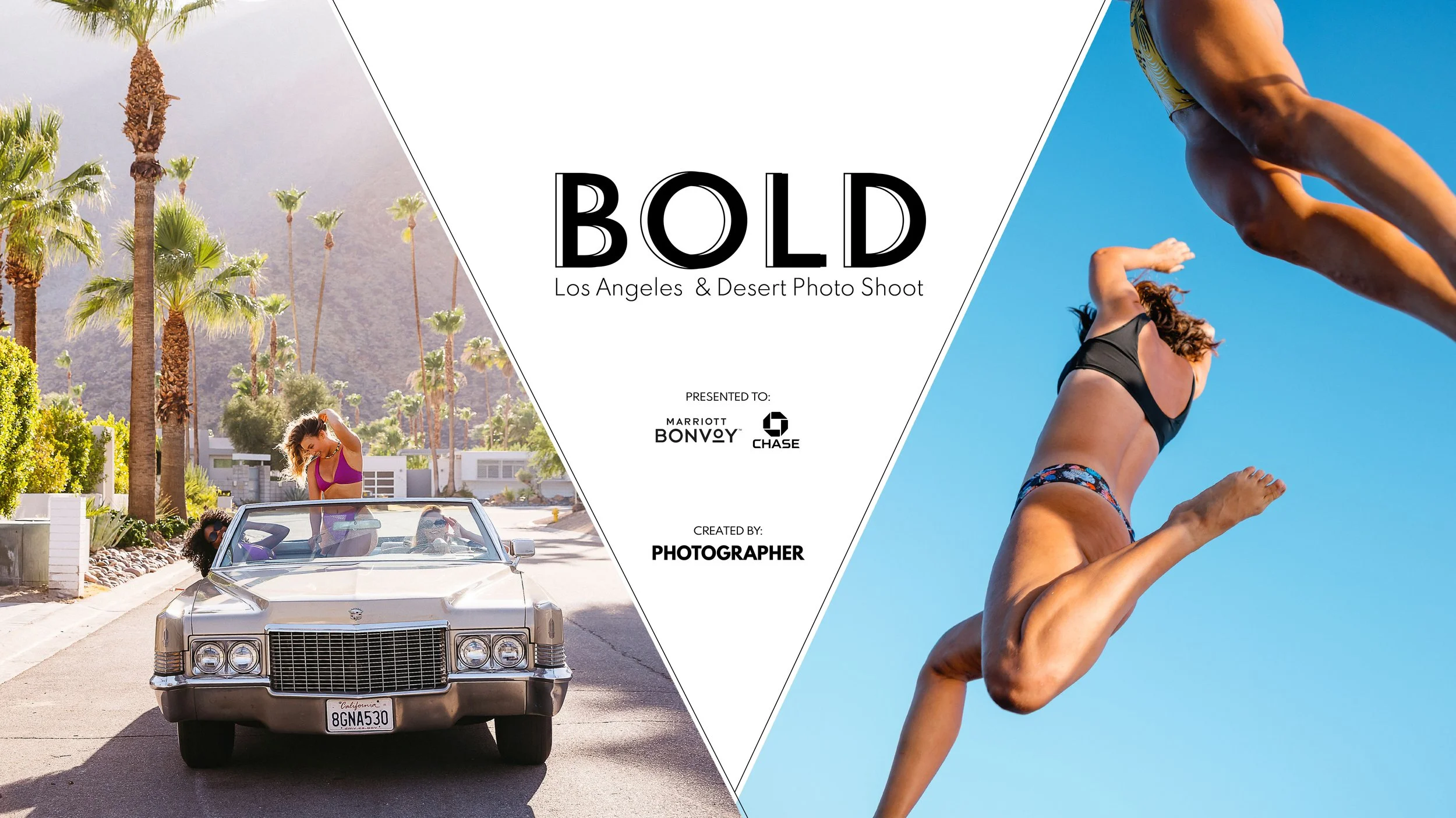 Cover page for proposal. Left image shows three woman driving in car under palm trees, left image is a woman in a bathing suit jumping into water.