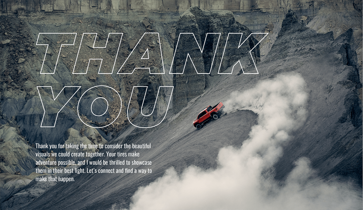 Thank you page of promotional PDF. Red truck drives around a steep curve with a trail of dust behind it.