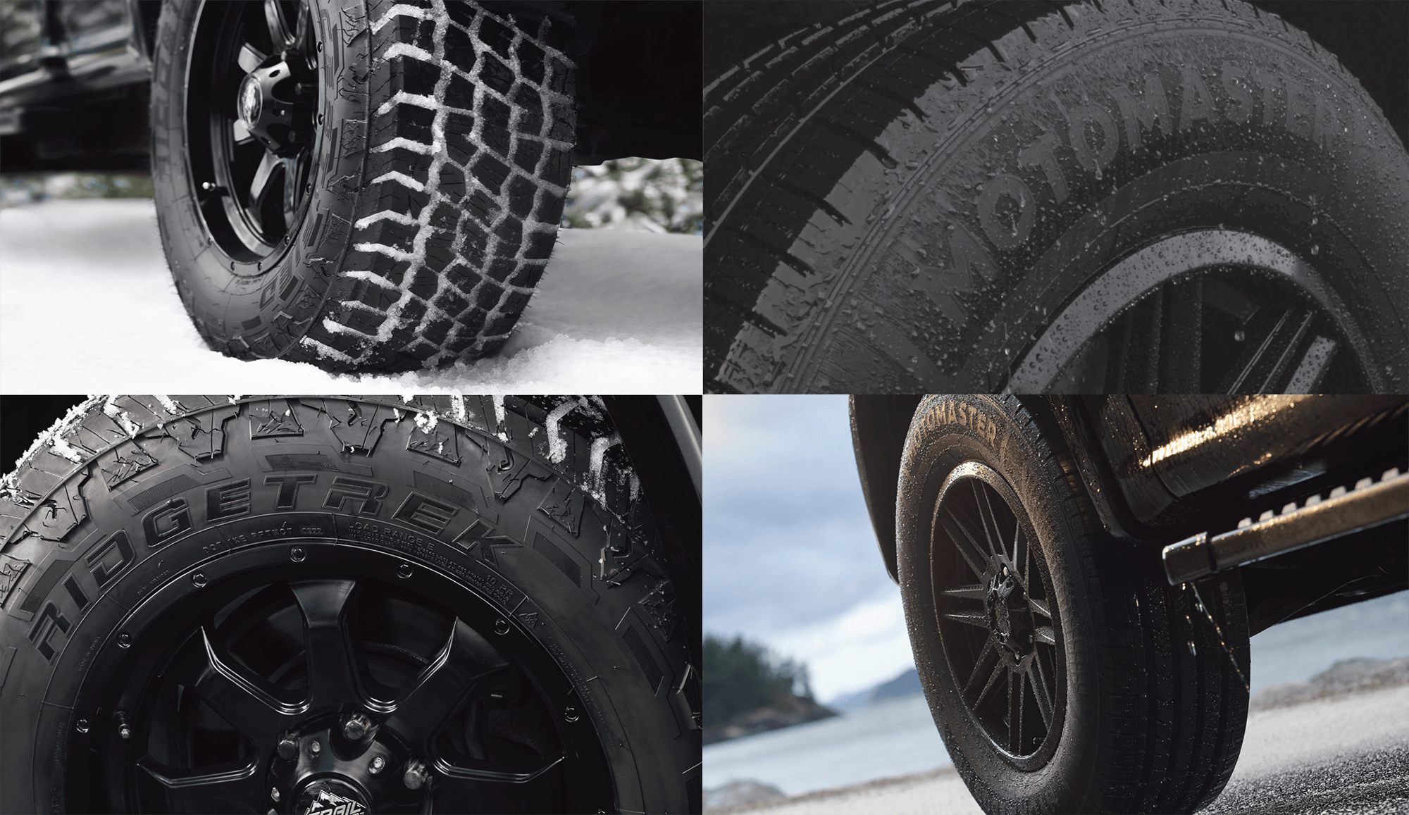 Grid of four images of tires and details on tires.