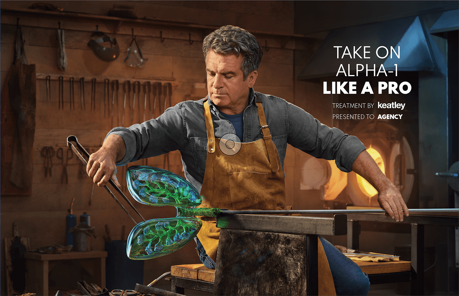 Cover page for proposal. Glass blower skillfully blowing a pair of lungs.