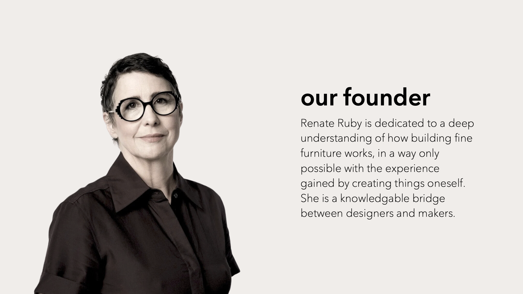 Pitch deck page telling about company founder. Picture of woman with interesting glasses