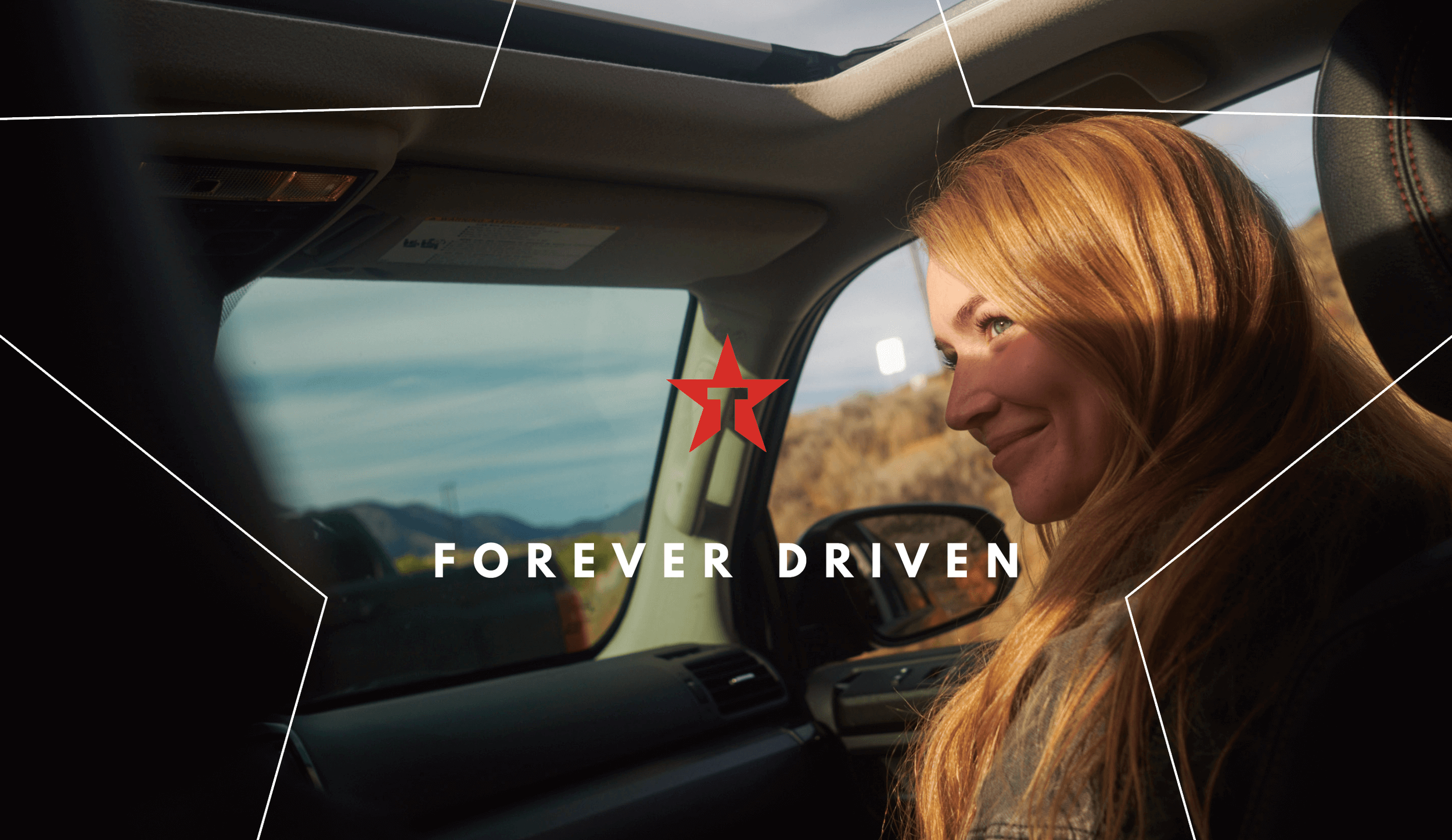 Promotion piece for photographer Blake Jorgenson. Girl in a car, smiling in the sunlight at someone.