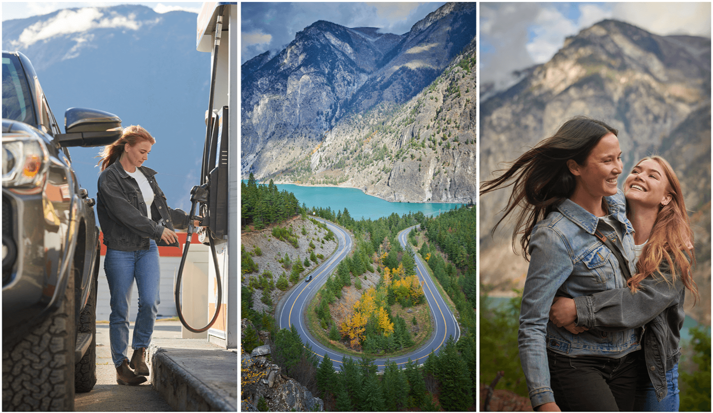 Two friends in the mountains, road trip, getting gas.