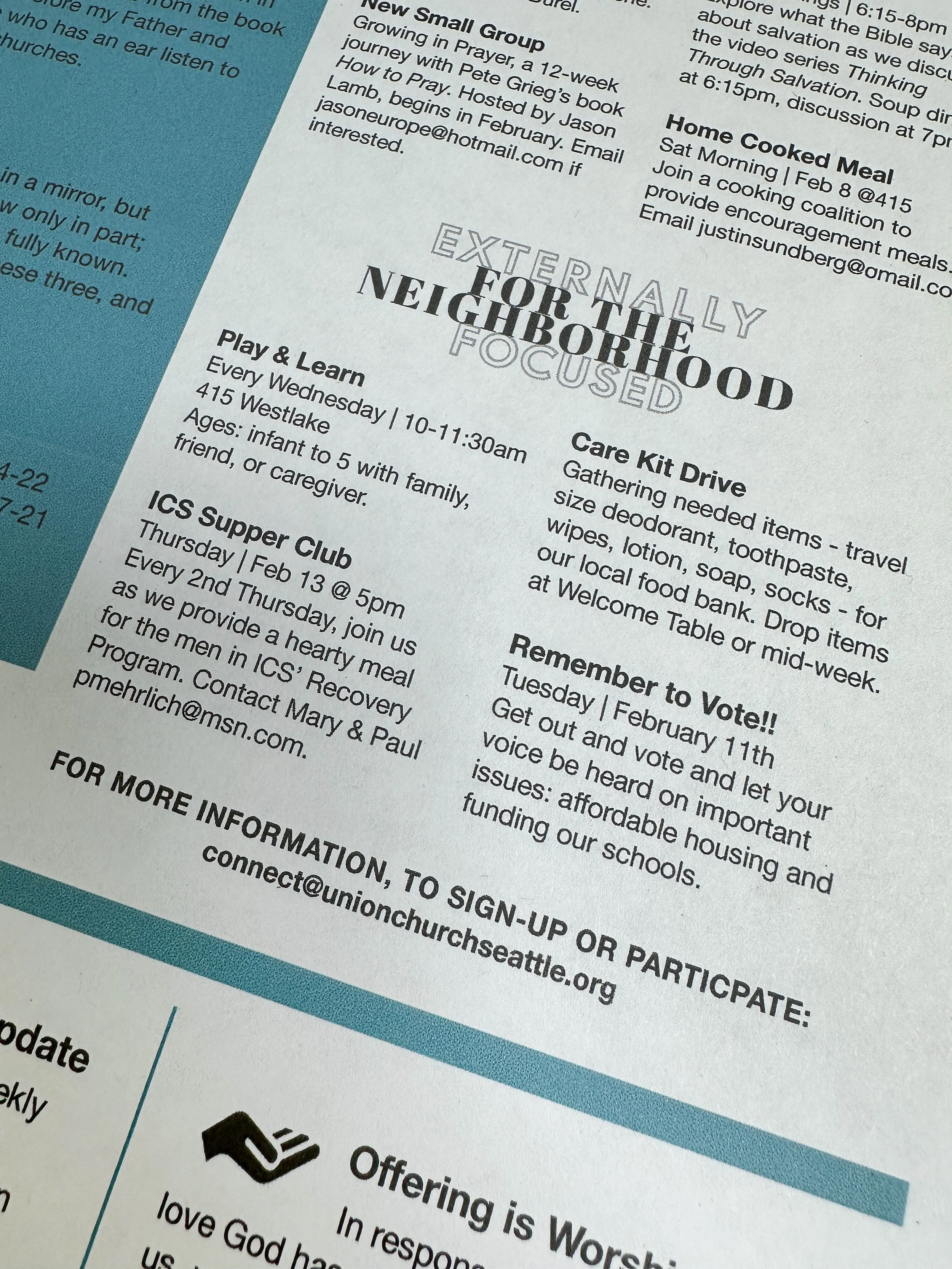 A bulletin with information about community activities and events, including programs like 'Play & Learn,' 'ICS Supper Club,' a care kit drive, and voting reminder, with a contact email for more information.