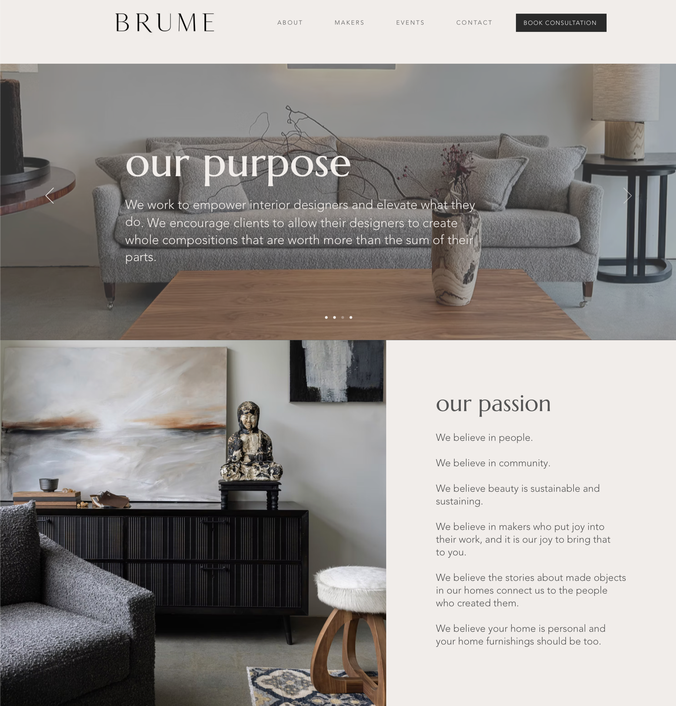 Webpage defining this company's purpose and passion. Showcasing beautiful furniture vignettes.