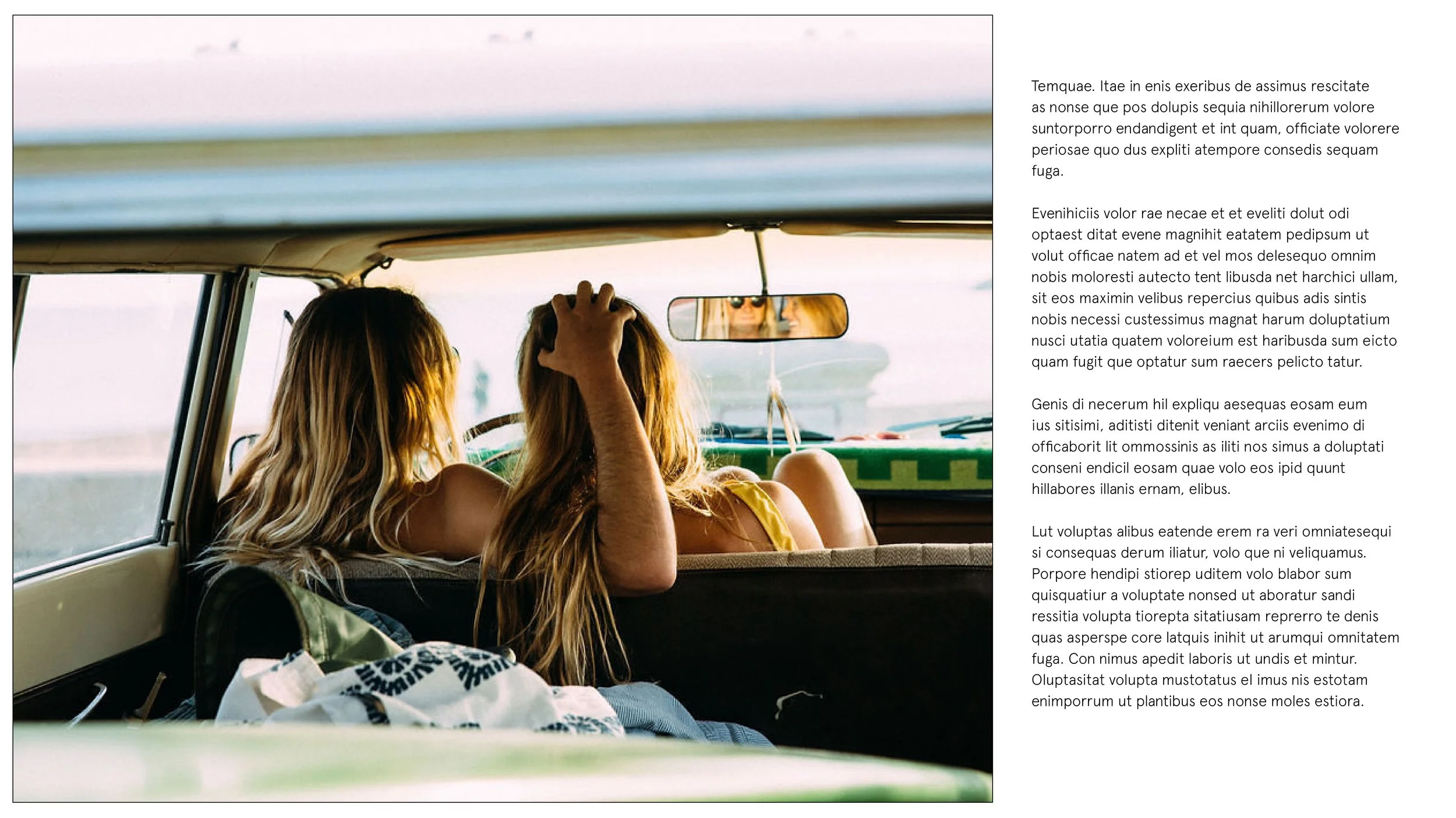 Intro for proposal. Two people sit in the front seat of a vehicle looking out the window at a beach.