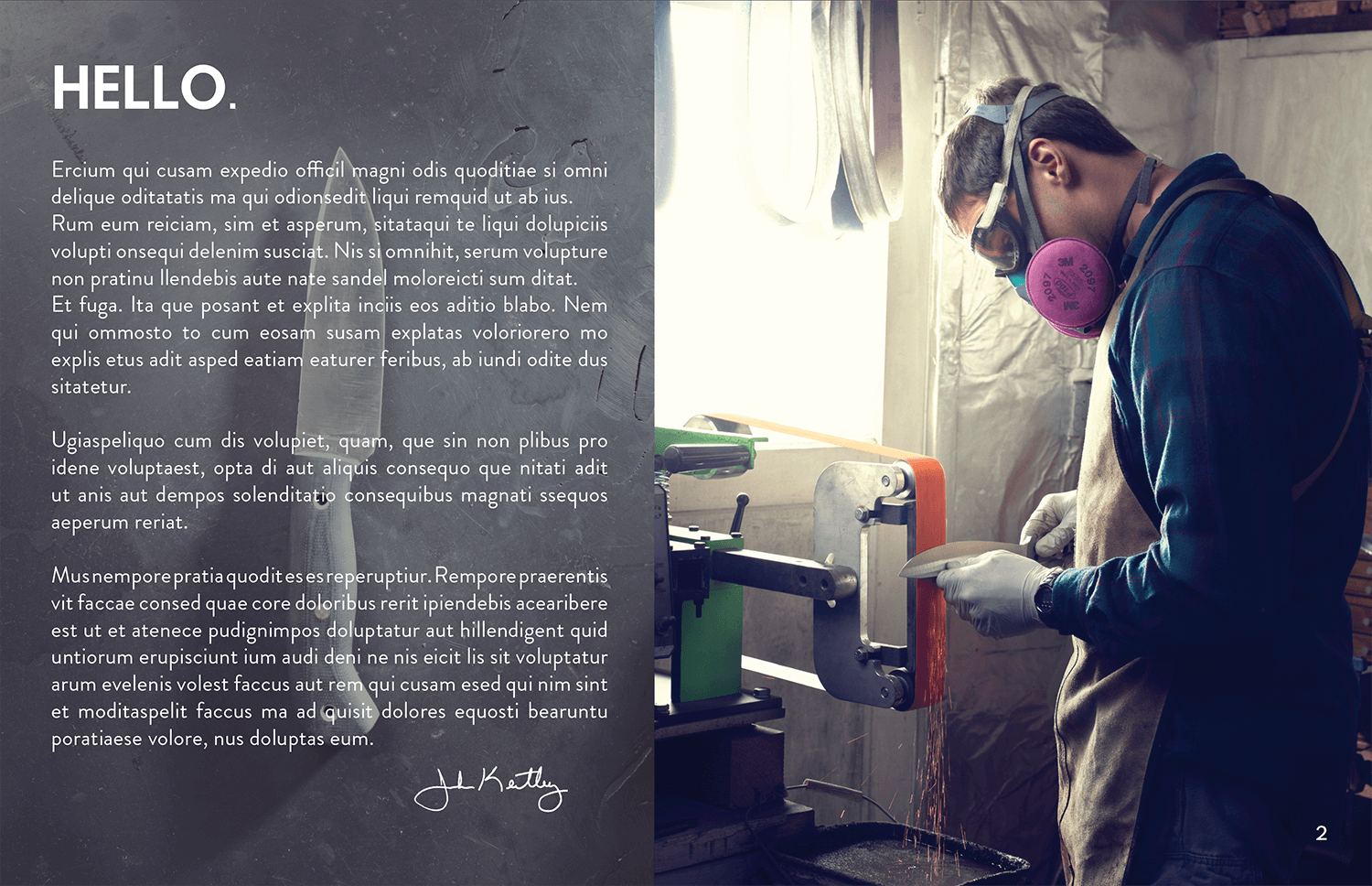 Intro page to proposal. Tradesman sharpening knife.