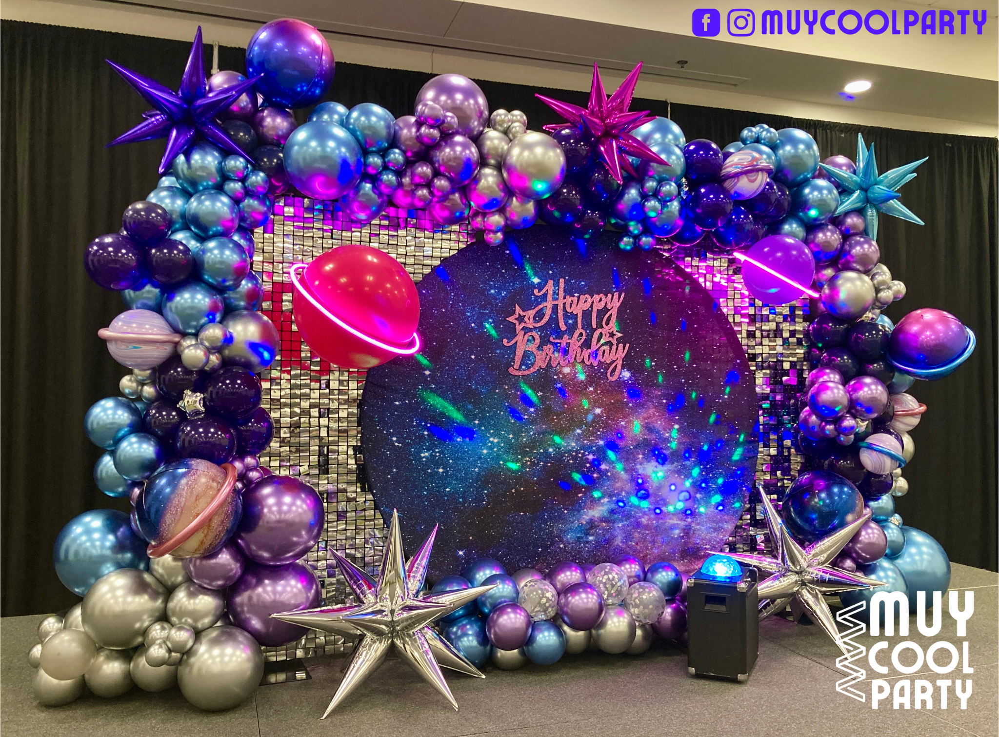 Galaxy Balloon Backdrop with Neon Planets