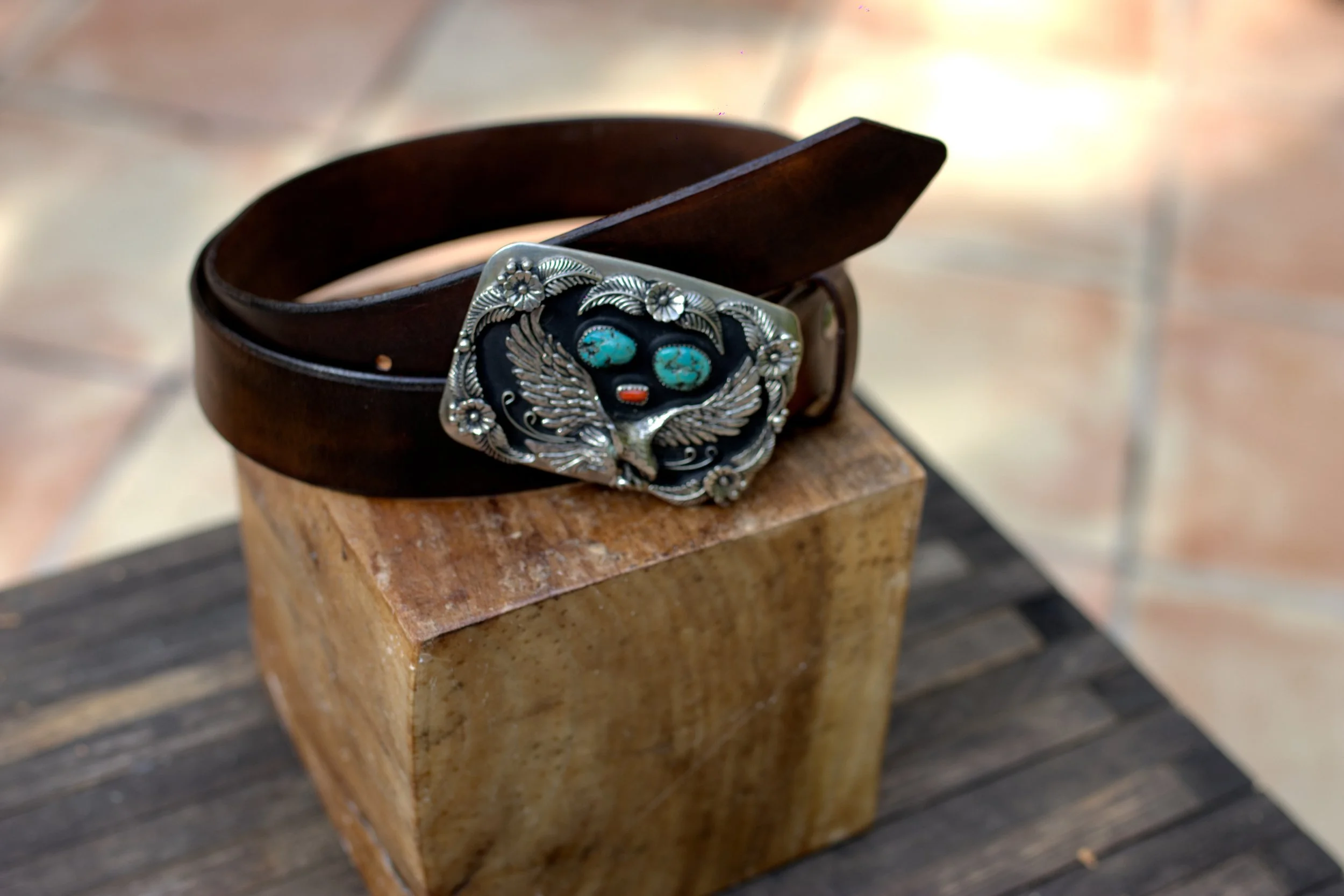 Cowhide belt with turquoise buckle Turquoise Buckle Tooled Leather Belt – L&L Boutique main image 3