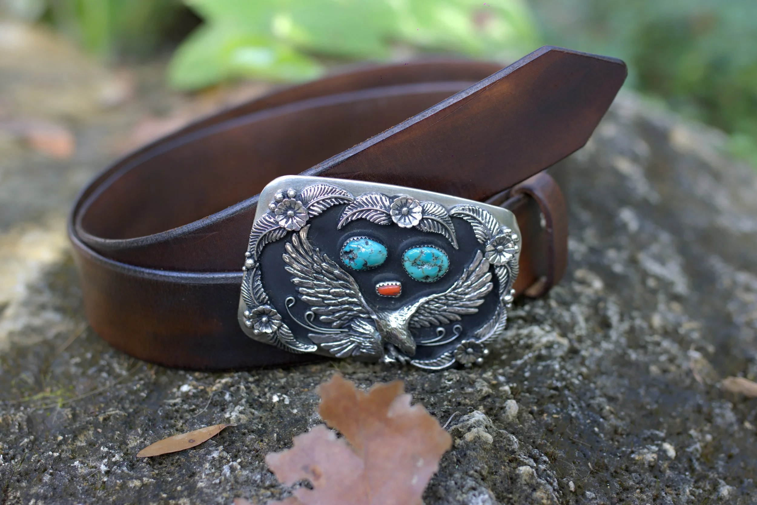 COWHIDE BELT WITH FAUX TURQ & CRYSTAL BUCKLE! Western Turquoise Rhinestone Studded Faux Crocodile Print  main image 2