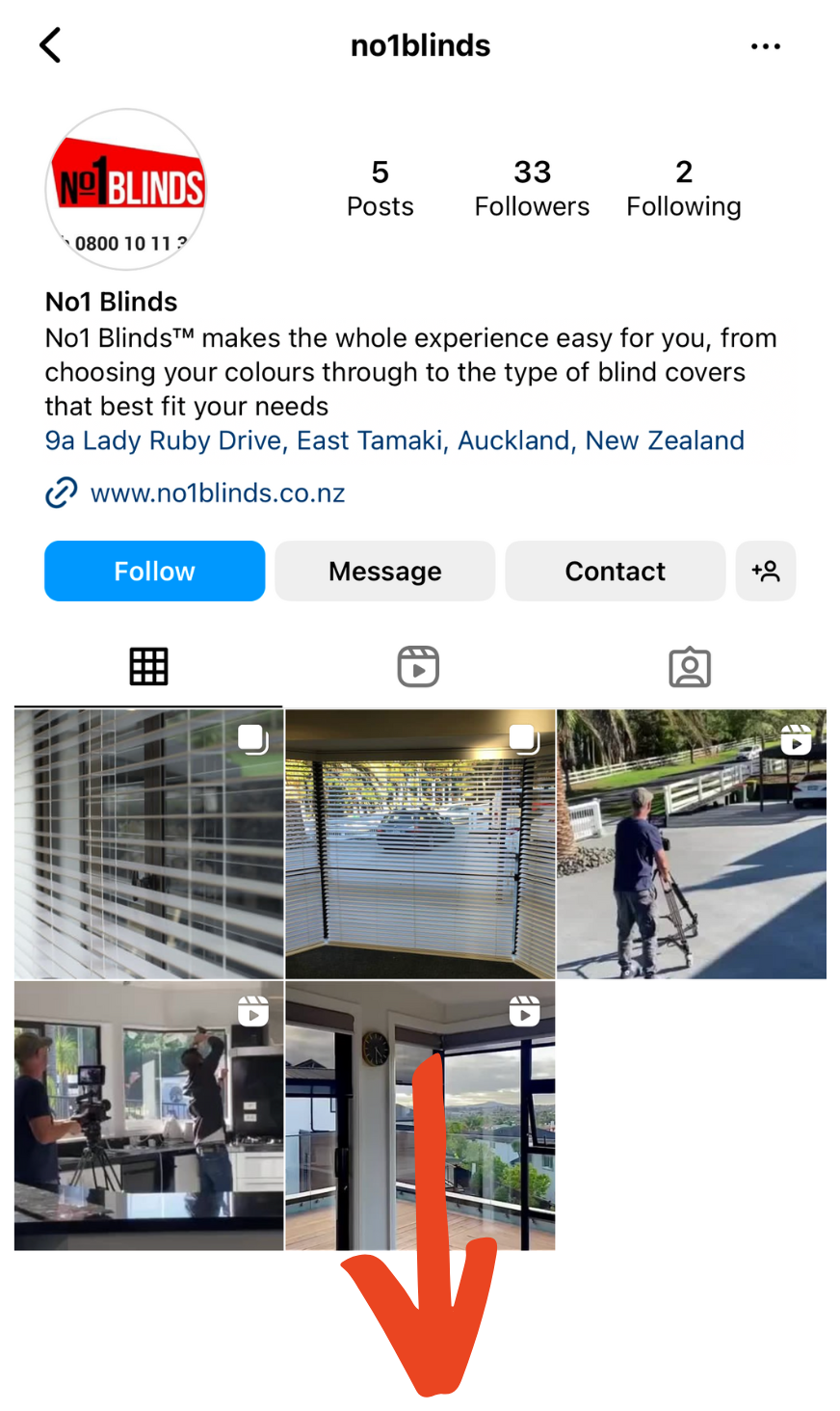 Instagram profile page of No1 Blinds showing company logo, contact information, and several images of window blinds and people in an indoor and outdoor setting.