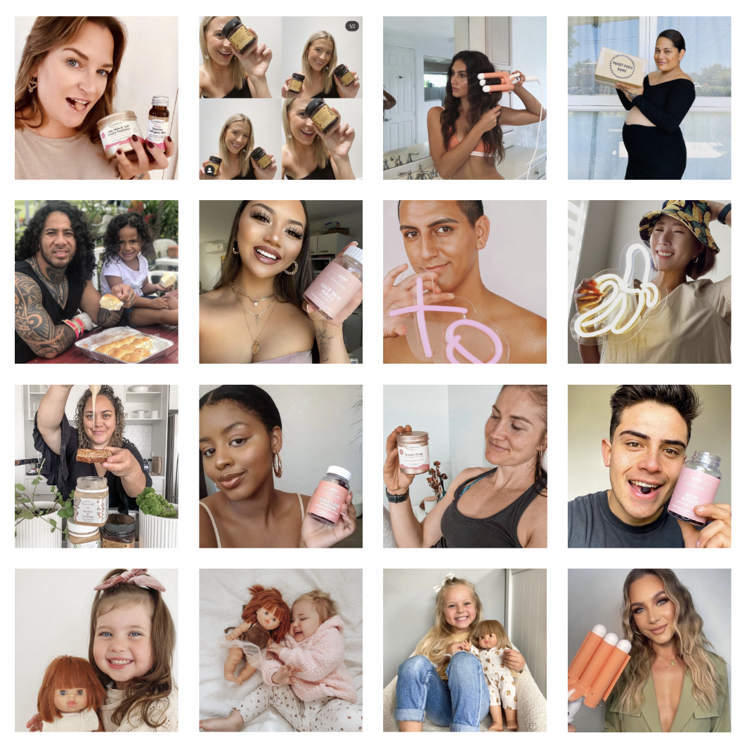 A collage of people, including women, men, and children, holding and showcasing various health and beauty supplement products in bottles and containers, with some also posing with dolls and props.