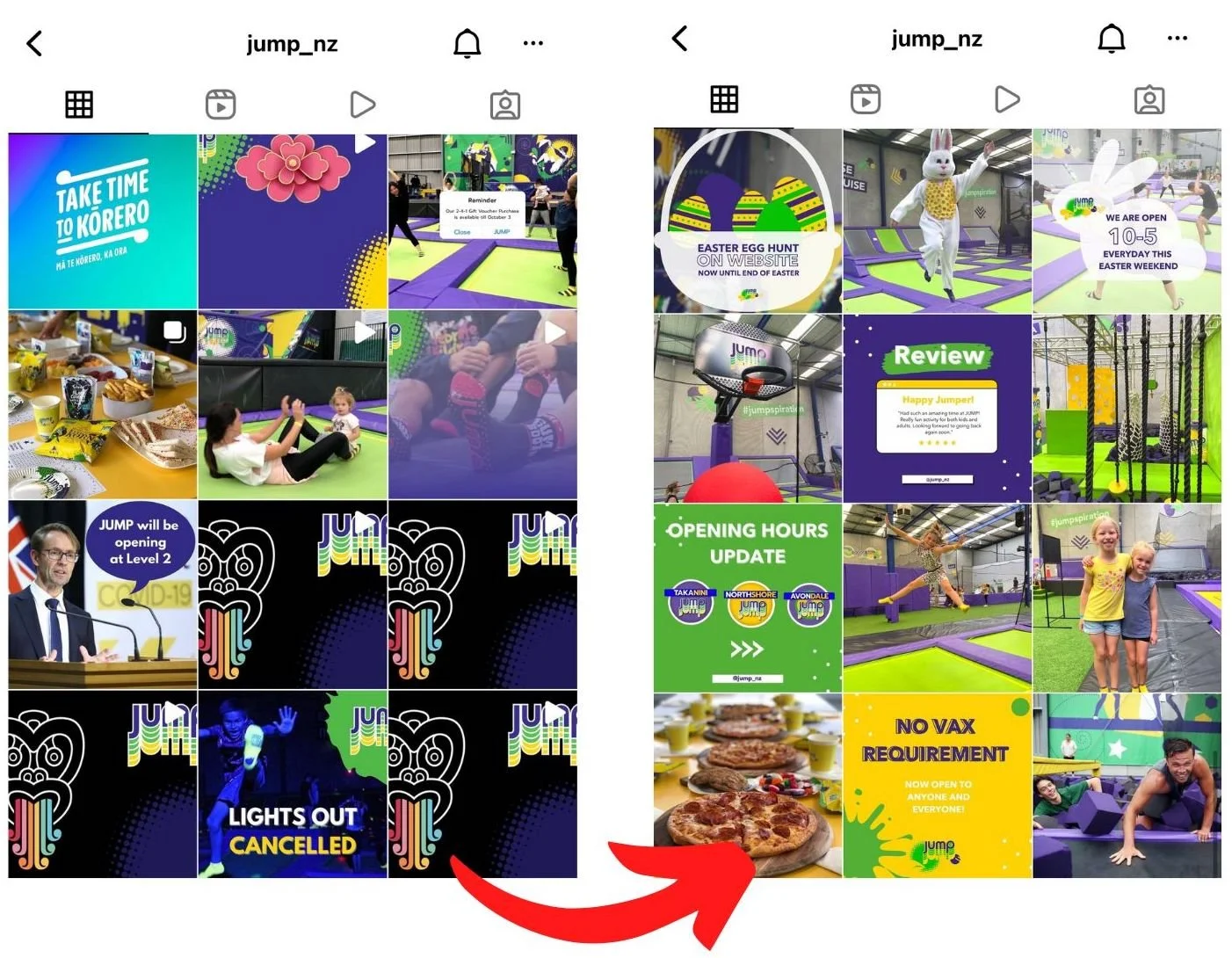 Instagram screenshots showing updates about an indoor trampoline park, including opening hours, a Covid-19 announcement, event updates, a bunny mascot, and photos of children playing on trampolines.