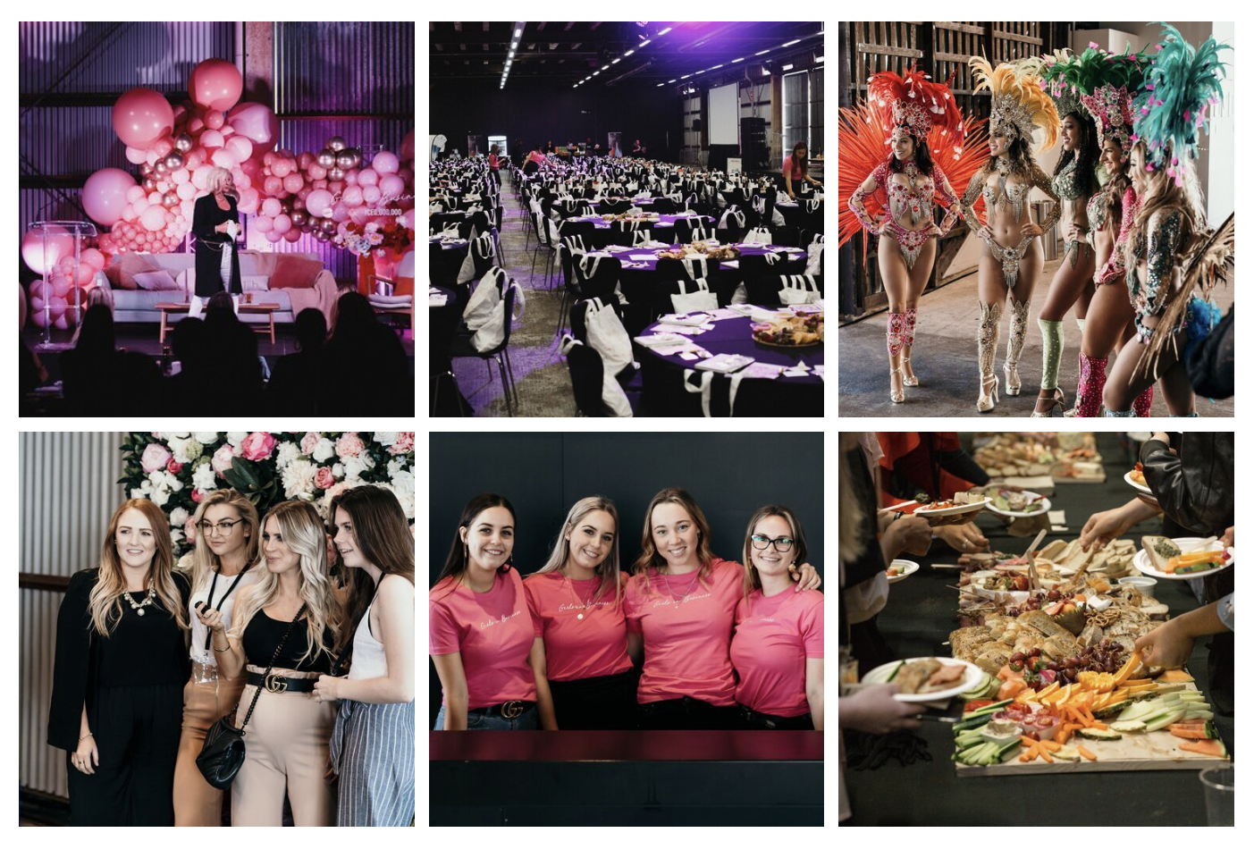 Collage of six images showing event setups and attendees: a woman on stage with pink balloons, a large banquet hall with decorated tables, performers in colorful costumes, women posing with flowers, women in matching pink shirts, and a buffet table with various dishes.