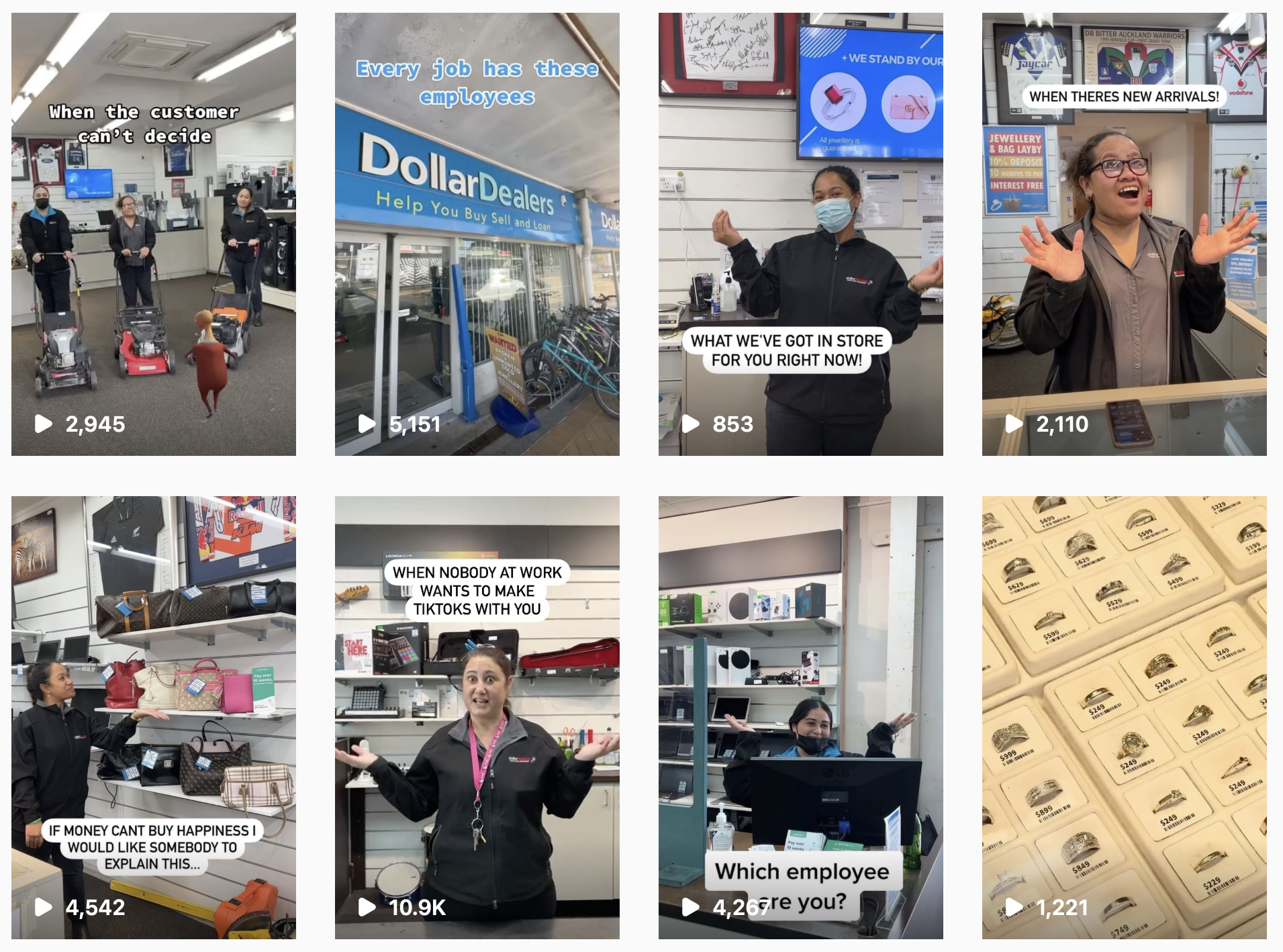A collage of eight images featuring store employees and merchandise. The images depict employees in a retail setting, some with humorous captions about their roles and store items, including mannequins, handbags, electronics, and jewelry. There are scenes of employees smiling and engaging with customers or behind the counter, showcasing various store departments.