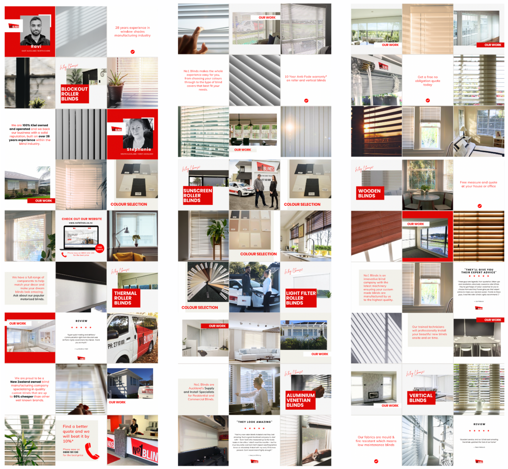 Collage of window and room blinds, displays various types, colors, and settings including roller, Venetian, vertical, and wooden blinds, with promotional text and reviews.