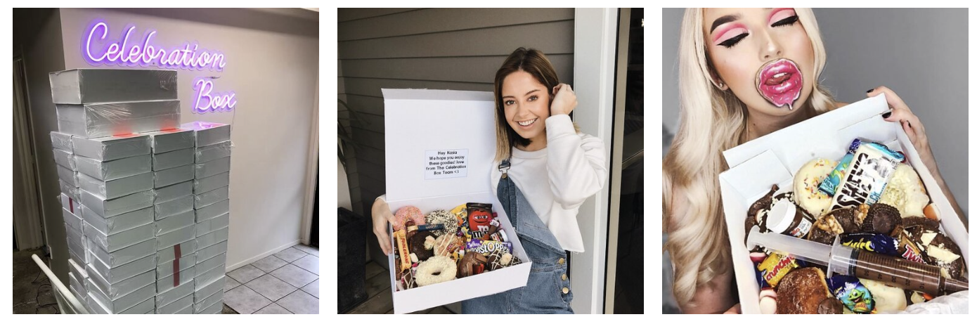 Three panels showing celebration preparations and gift boxes. The first panel has a stack of silver boxes with a pink neon sign that says 'Celebration Box.' The second panel shows a woman holding an open box filled with donuts, snacks, and candies, smiling at the camera. The third panel is a close-up of a woman with makeup, holding a box filled with snacks, candy, and baked goods, with her mouth lip-shaped candy.