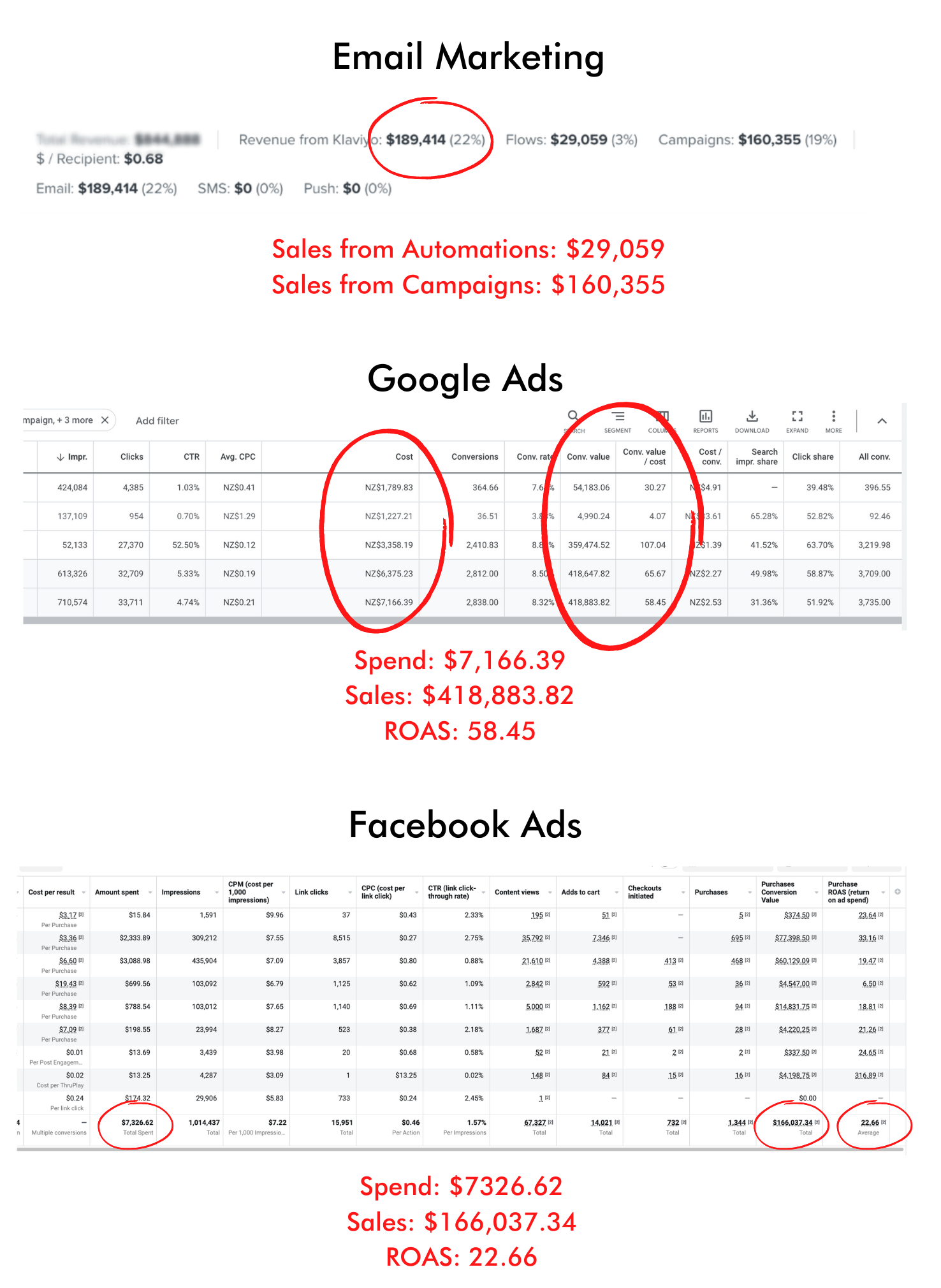 Dashboard showing marketing data including email sales, Google ads spend and sales, and Facebook ads spend and sales, all with red circles highlighting key metrics and red text annotations.