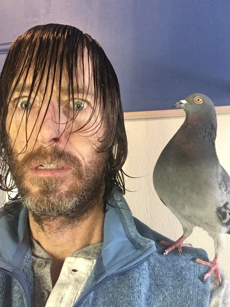 A man with wet, long dark hair and a beard, wearing a blue jacket, takes a selfie with a pigeon perched on his shoulder indoors.