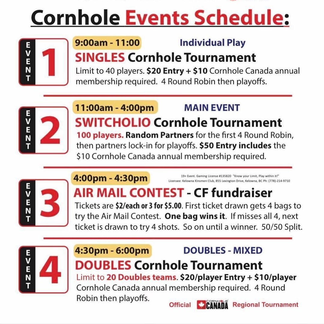 Here&rsquo;s the schedule for the Kelowna Kinsmen Cornhole tournament on Saturday at Kinsmen Park! Come out for a great time and great people! 🎉