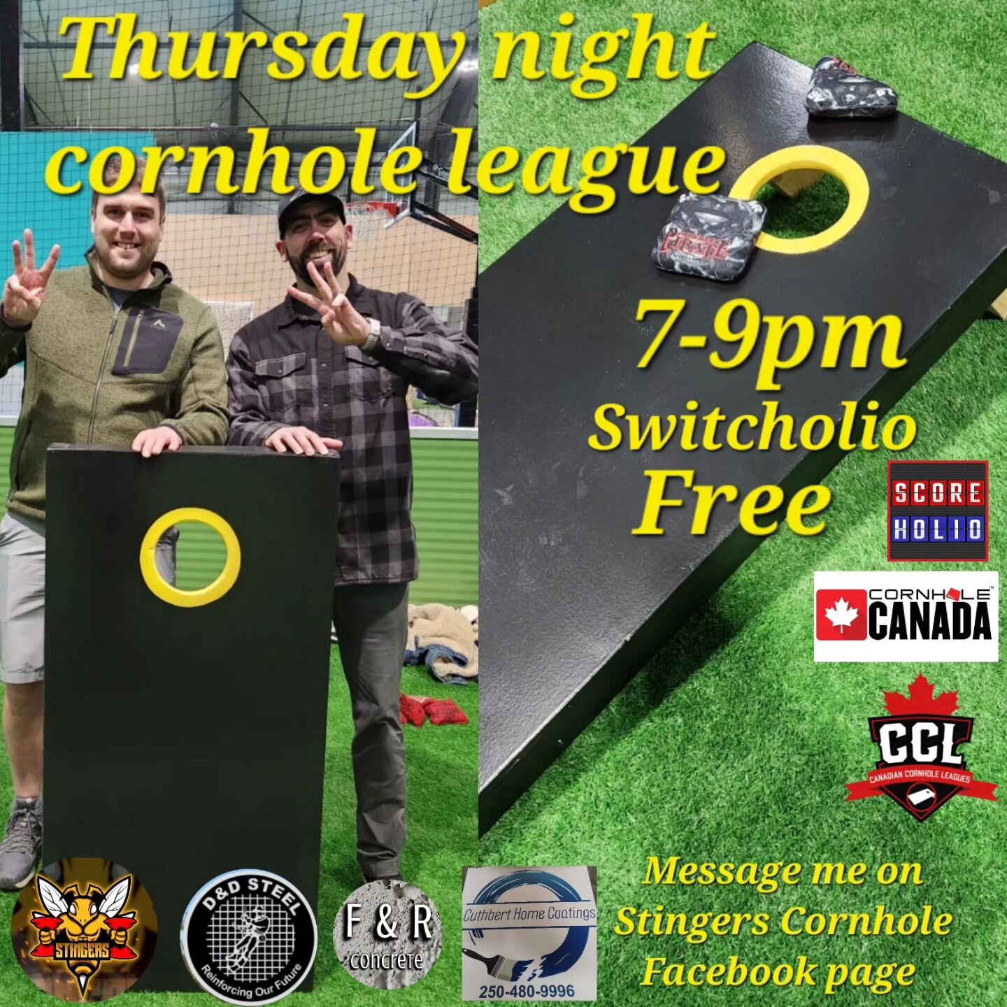 Thursday night, try cornhole free. Pre registration up on scoreholio.