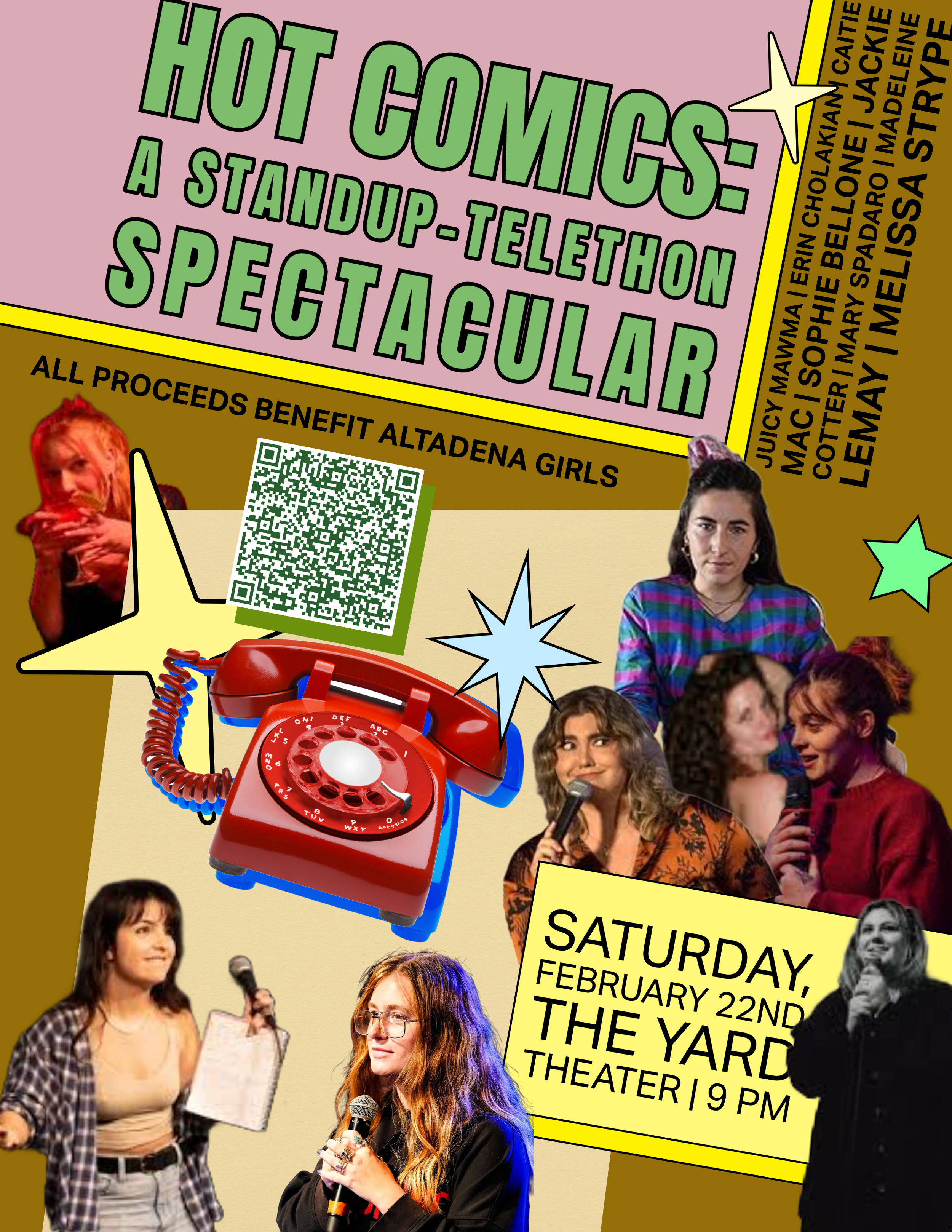 Poster promoting a charity stand-up comedy and telethon event with pictures of women, a red rotary phone, stars, a rainbow colored star, and text about the event date, time, location, and beneficiary.