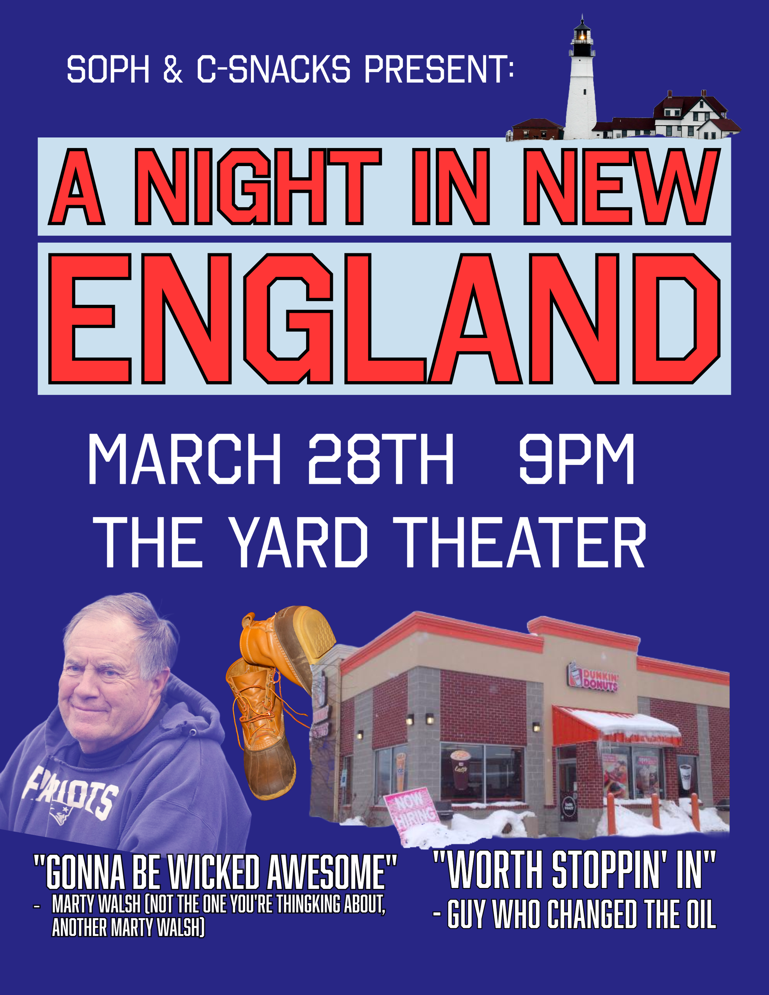 Event poster for 'A Night in New England' concert featuring Marty Walsh, scheduled for March 28th at 9 PM at The Yard Theater, with an image of a lighthouse, a Dunkin' Donuts store covered in snow, and a man in a hoodie.