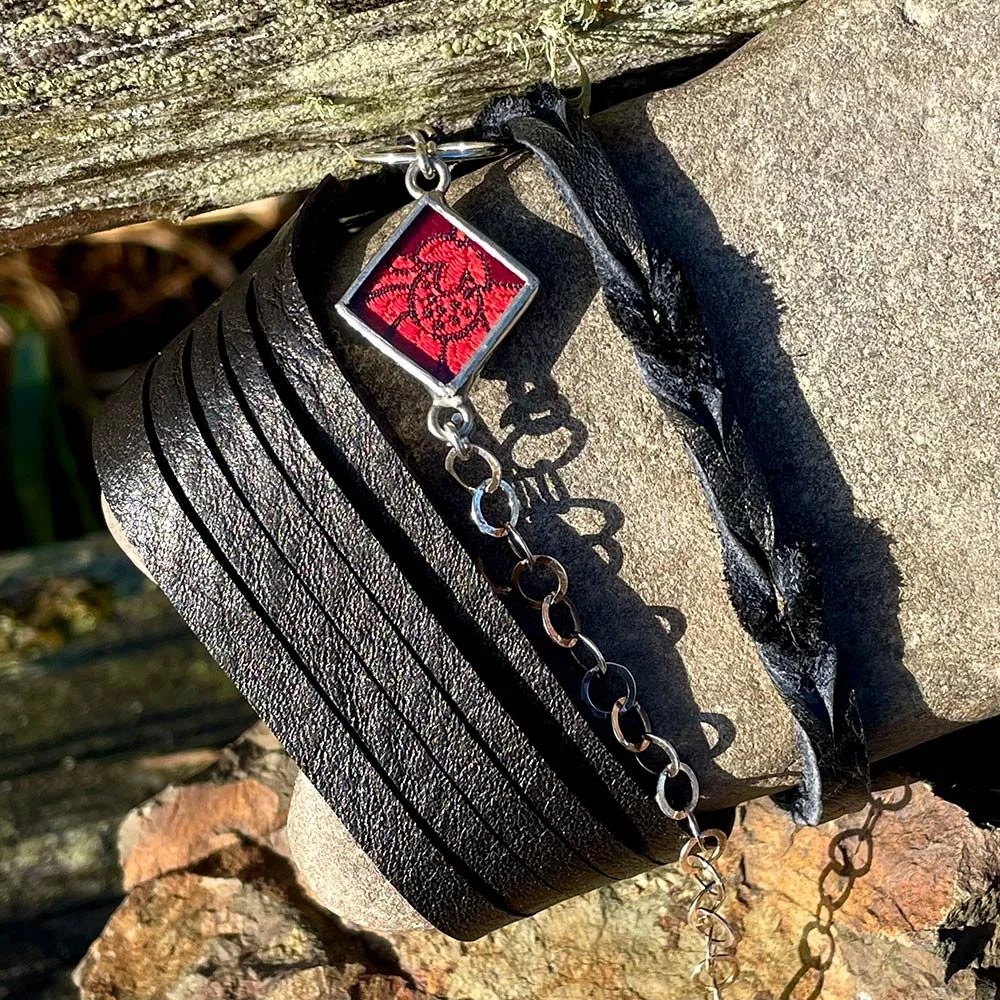 Tether Leather Wrap Cuff: Red Floral — Shi Studio
