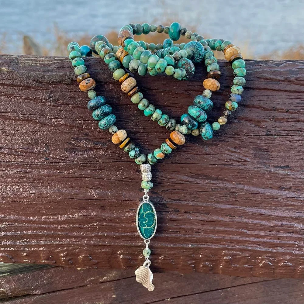 Mala Beaded Necklace: Jade Floral Silk with African Turquoise and Picture  Jasper — Shi Studio